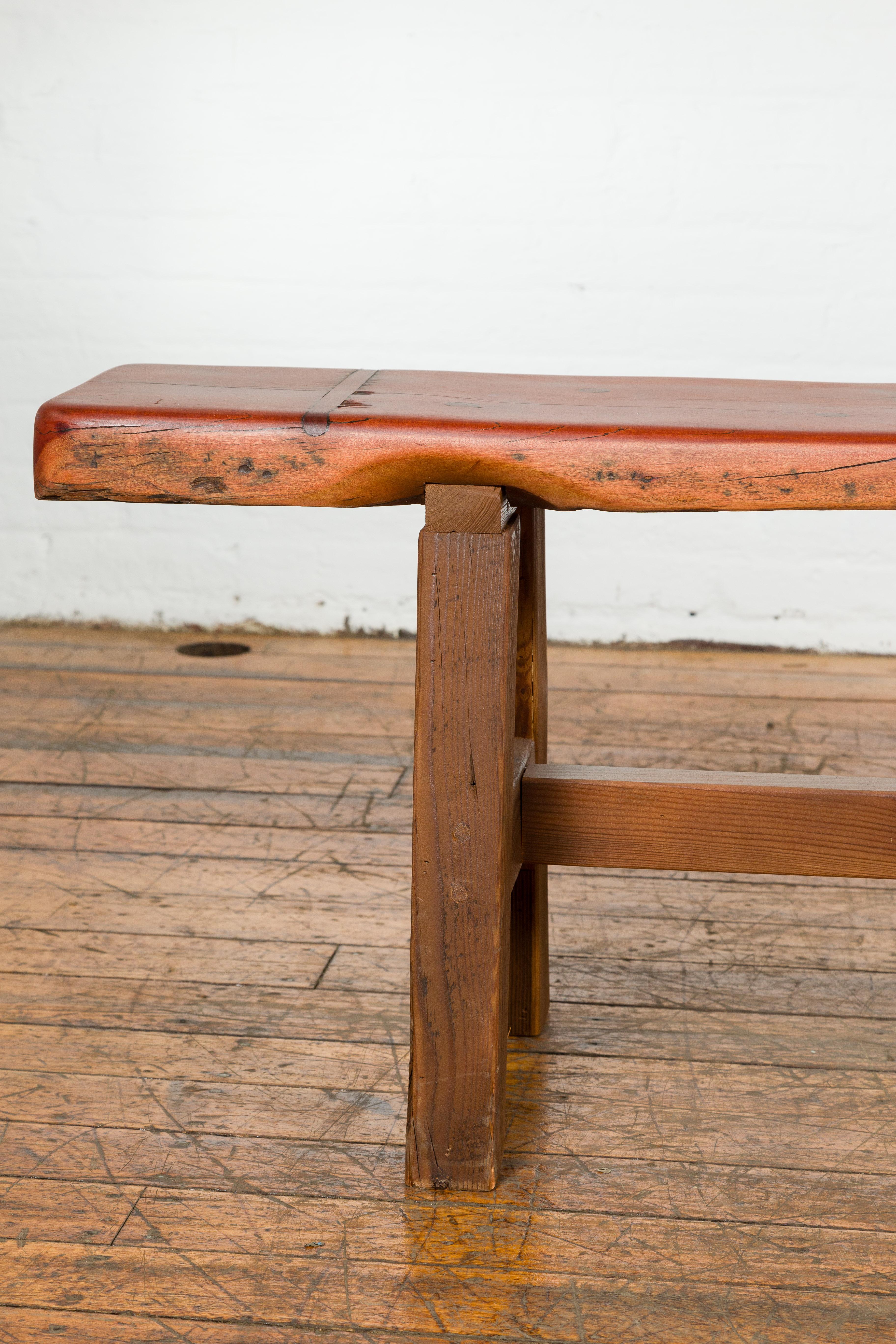 Country Mingei Style Rustic A-Frame Wooden Bench Made of Railroad Ties with Stretcher For Sale