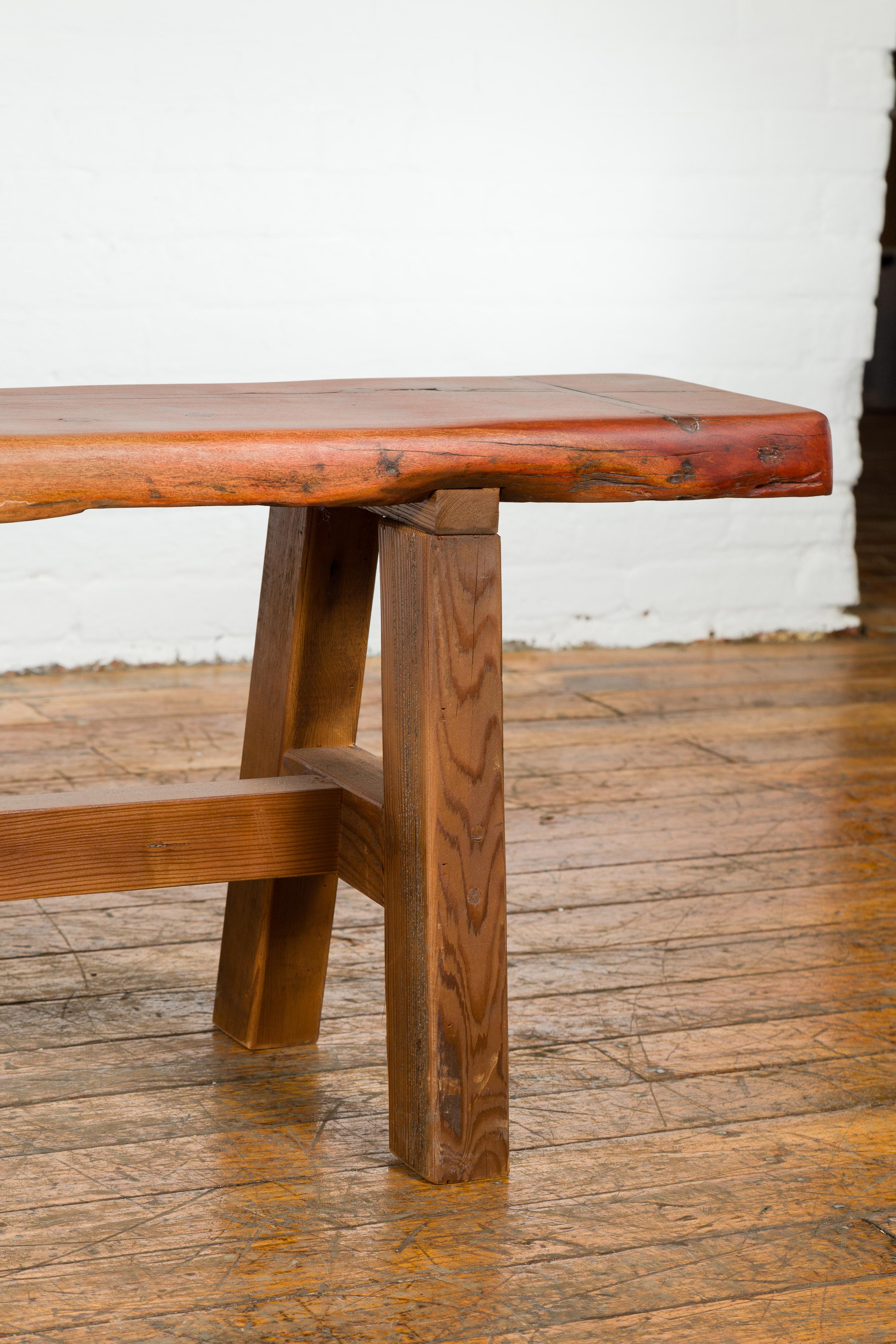 Javanese Mingei Style Rustic A-Frame Wooden Bench Made of Railroad Ties with Stretcher For Sale
