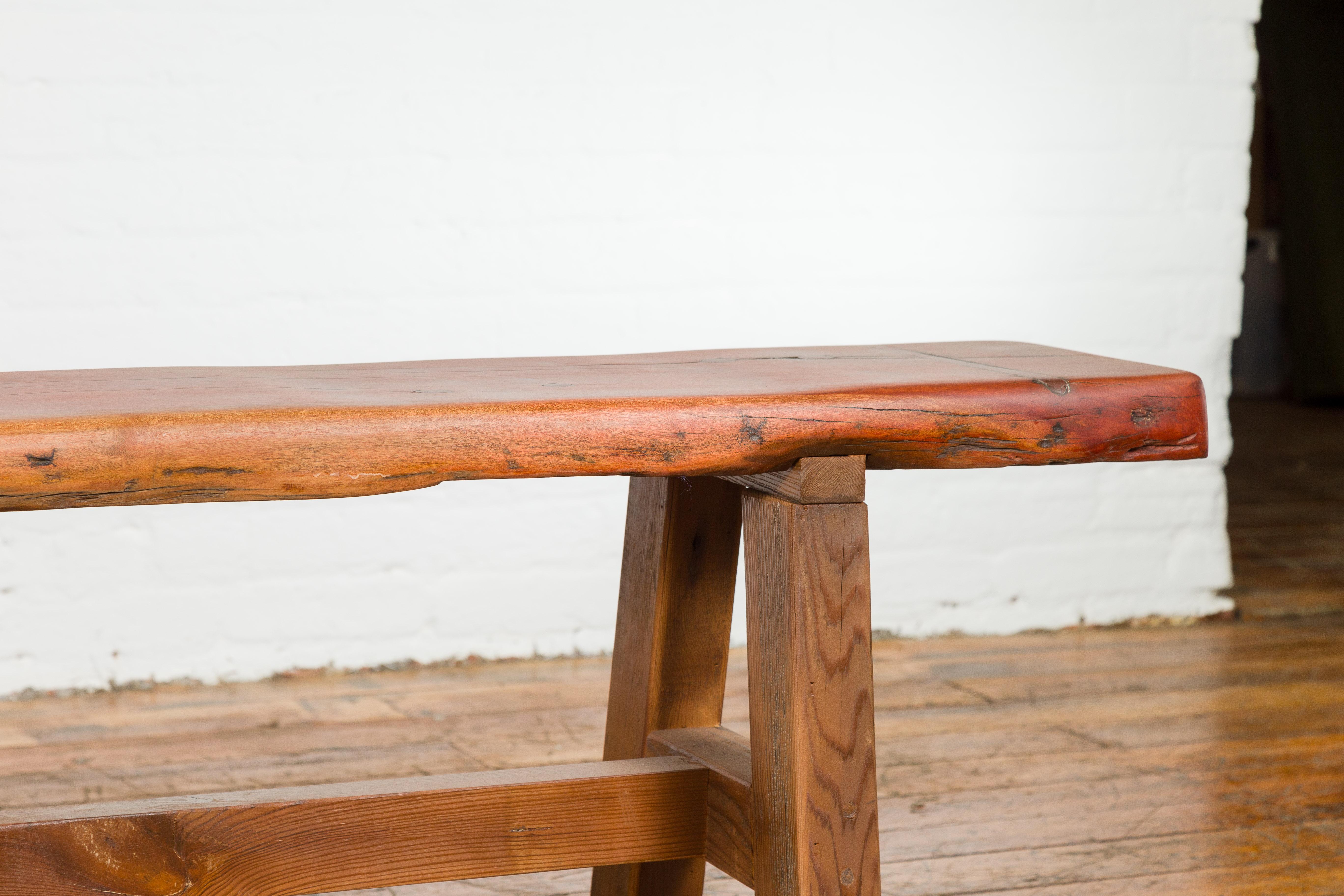 20th Century Mingei Style Rustic A-Frame Wooden Bench Made of Railroad Ties with Stretcher For Sale