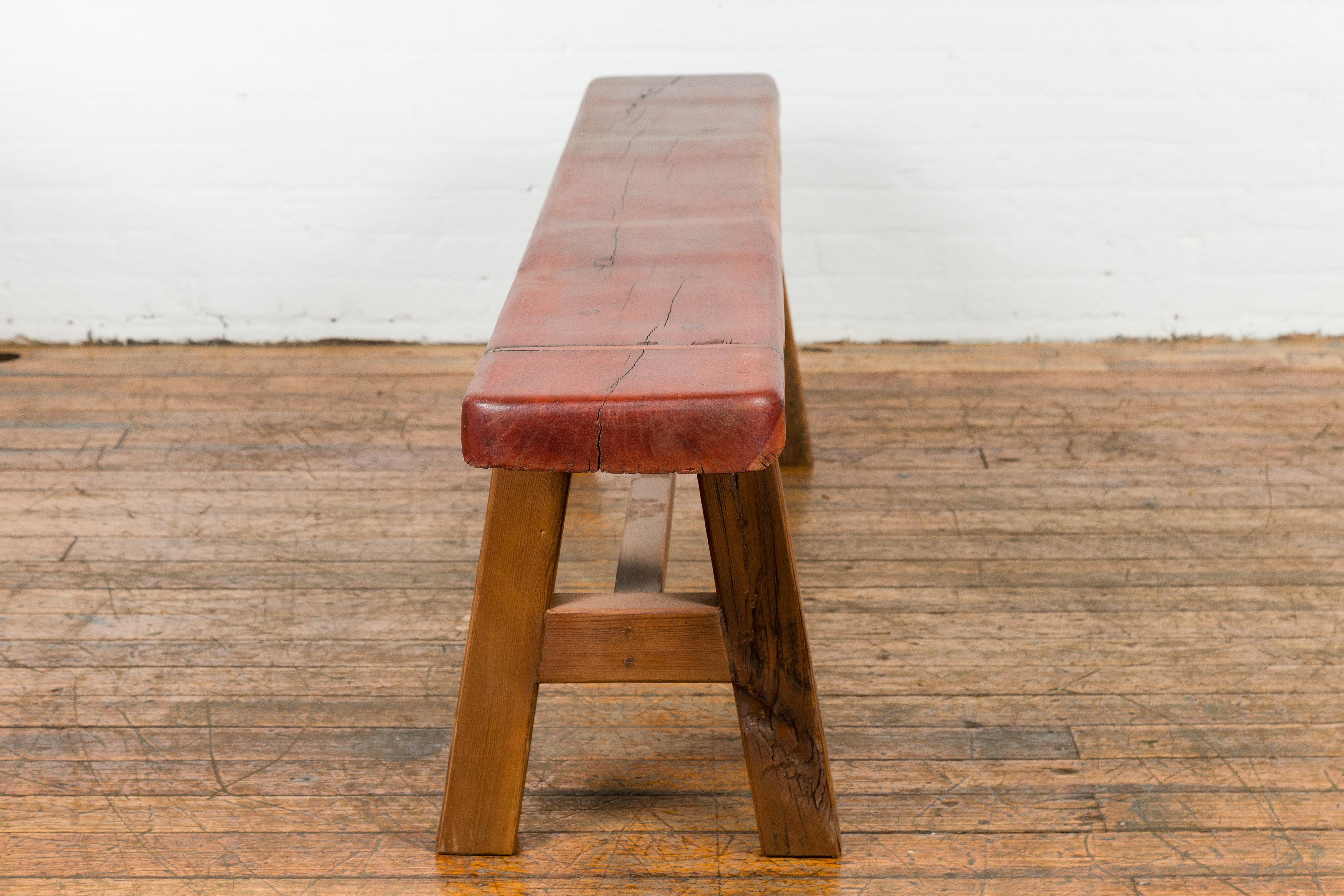 Mingei Style Rustic A-Frame Wooden Bench Made of Railroad Ties with Stretcher For Sale 3