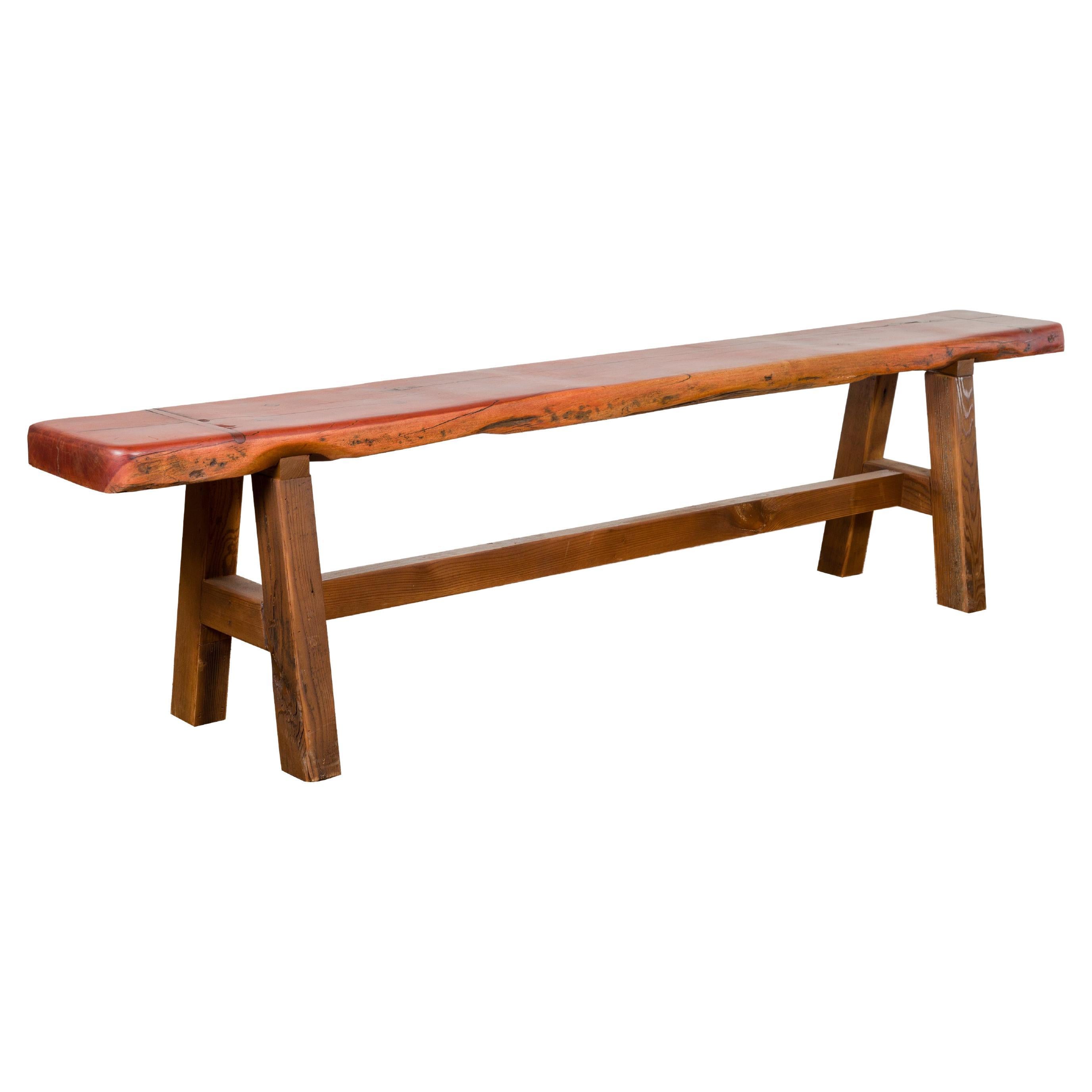 Mingei Style Rustic A-Frame Wooden Bench Made of Railroad Ties with Stretcher For Sale