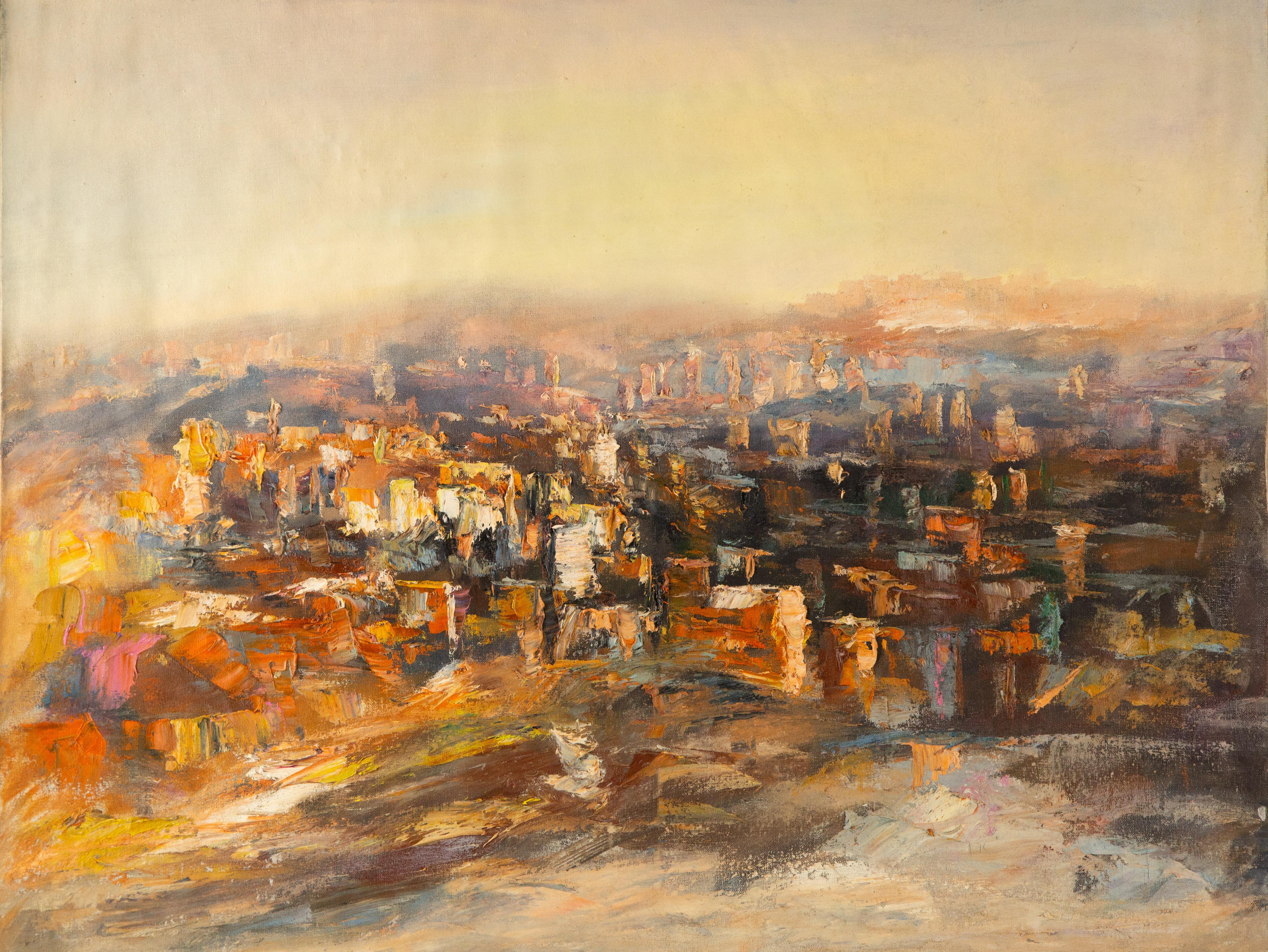  Title: Looking The City From Distance
 Medium: Oil on canvas
 Size: 23 x 30 inches
 Frame: Framing options available!
 Condition: The painting appears to be in excellent condition.
 Note: This painting is unstretched
 Year: 2000 Circa
 Artist: