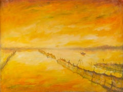 Mingjun Wang Landscape Original Oil Painting "Fishing Boat - Sunset"