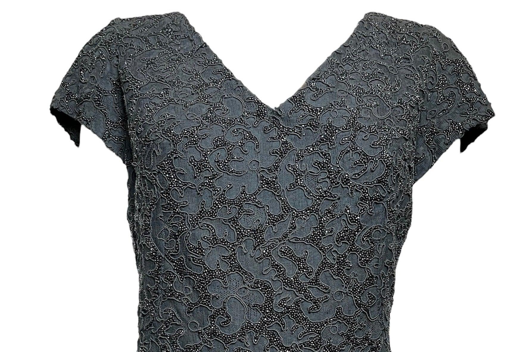 Mingolini Gugenheim Black Beaded Dress on Lace, 1960s In Excellent Condition For Sale In Los Angeles, CA