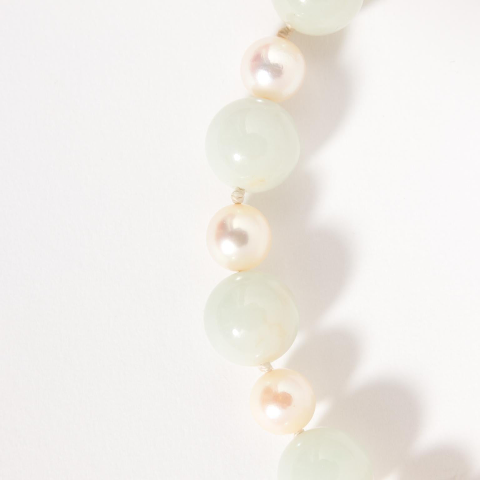 Contemporary Ming's 14 Karat Jadeite Jade Cultured Pearl Long Necklace