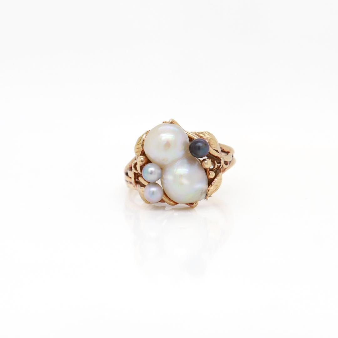 Round Cut Ming's 14K Gold Double Baroque Pearl Cluster Ring For Sale