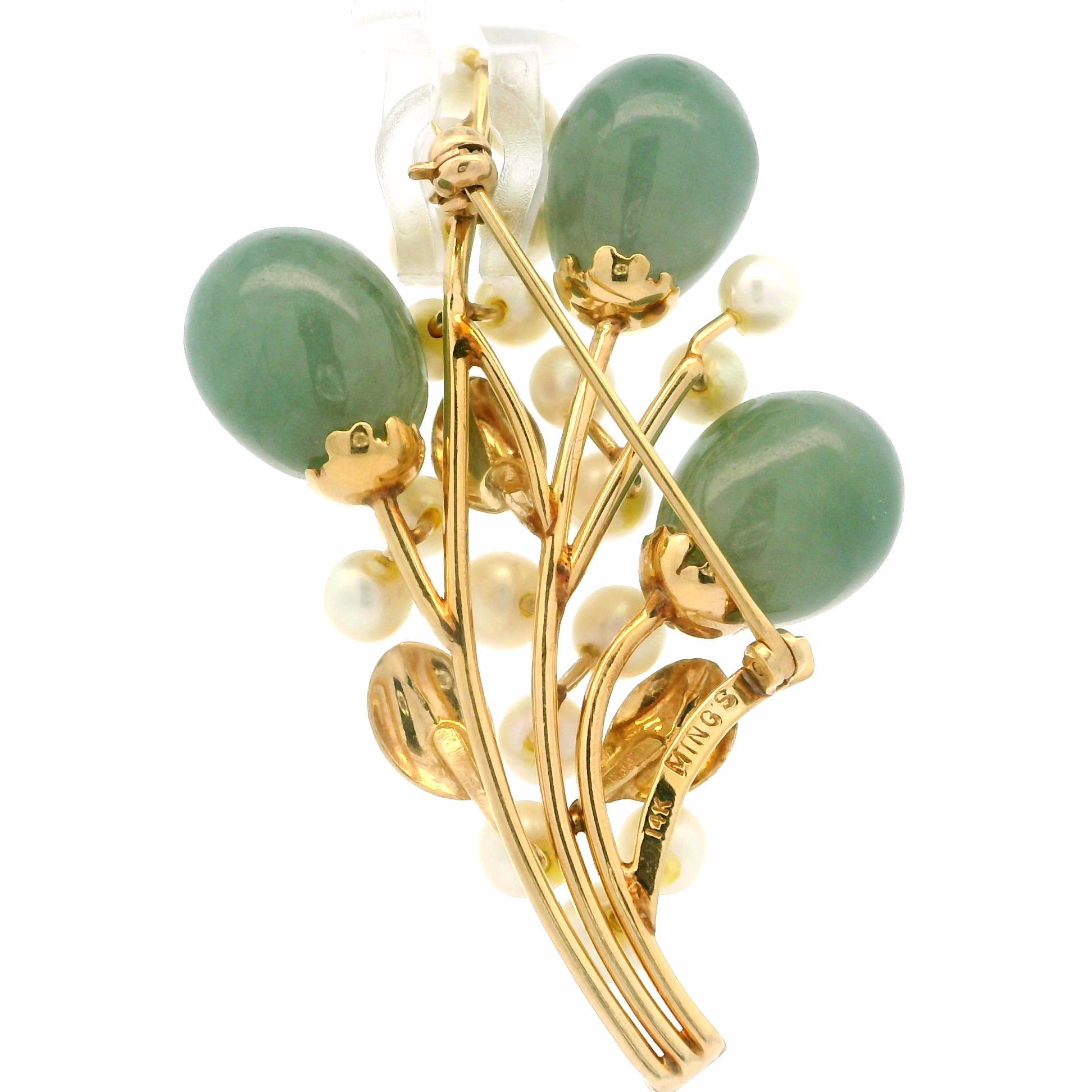 Cabochon Ming's 14K Yellow Gold Jade Cultured Pearl Branch Flower Pin Brooch For Sale