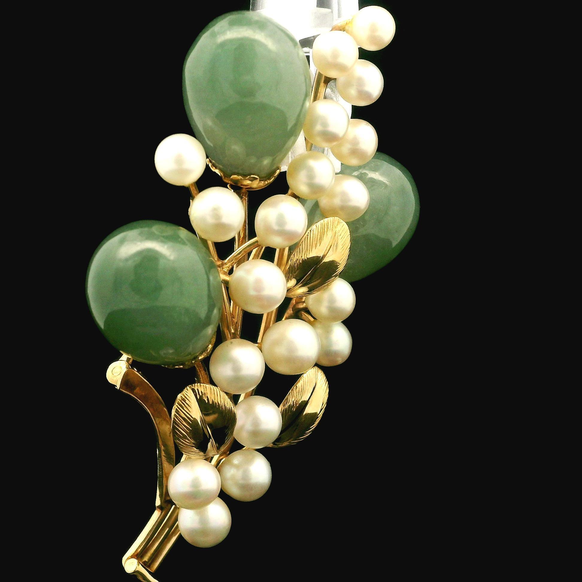 Women's Ming's 14K Yellow Gold Jade Cultured Pearl Branch Flower Pin Brooch For Sale