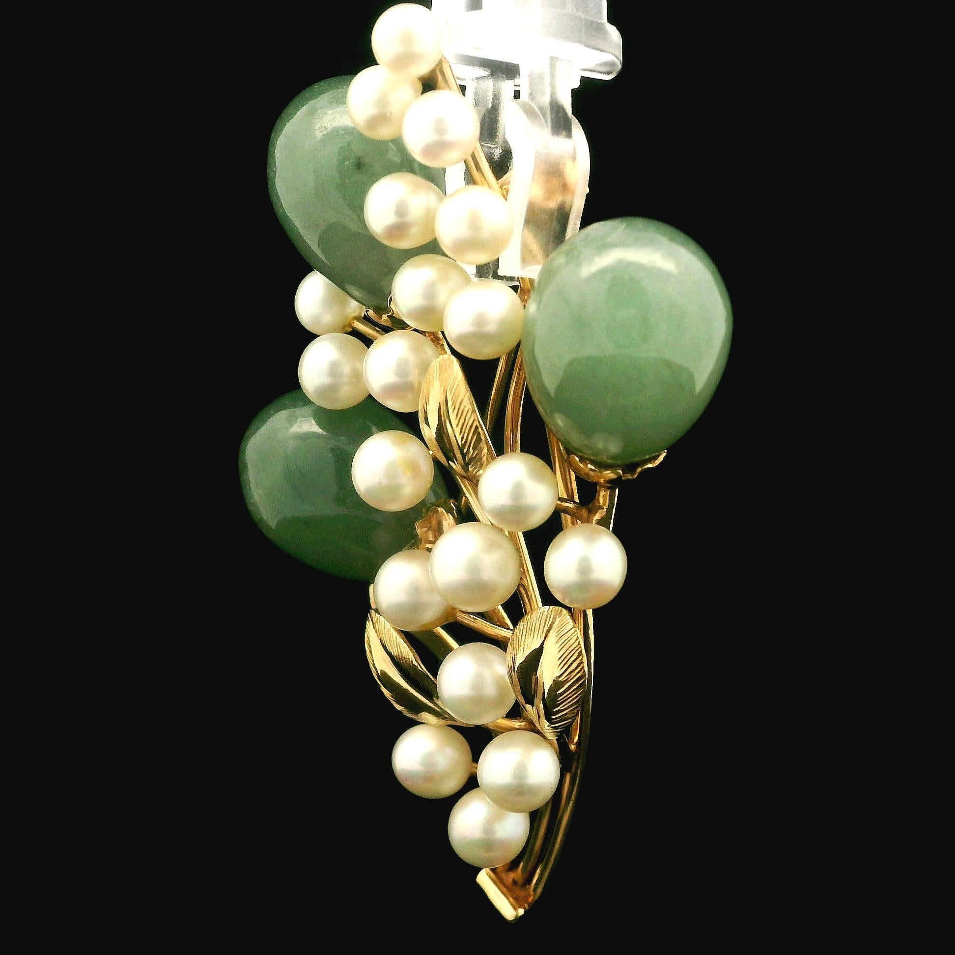 Ming's 14K Yellow Gold Jade Cultured Pearl Branch Flower Pin Brooch For Sale 1