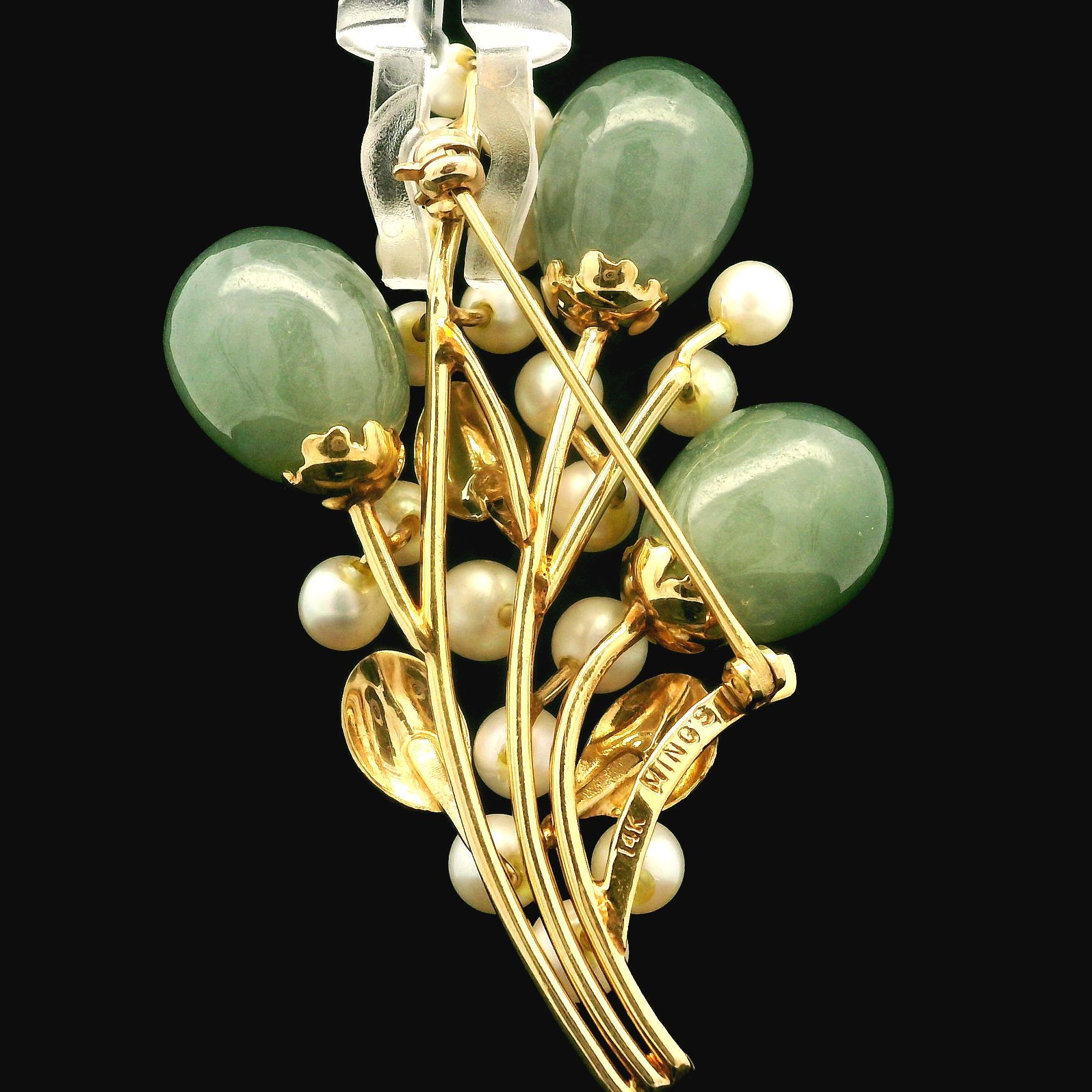 Ming's 14K Yellow Gold Jade Cultured Pearl Branch Flower Pin Brooch For Sale 2