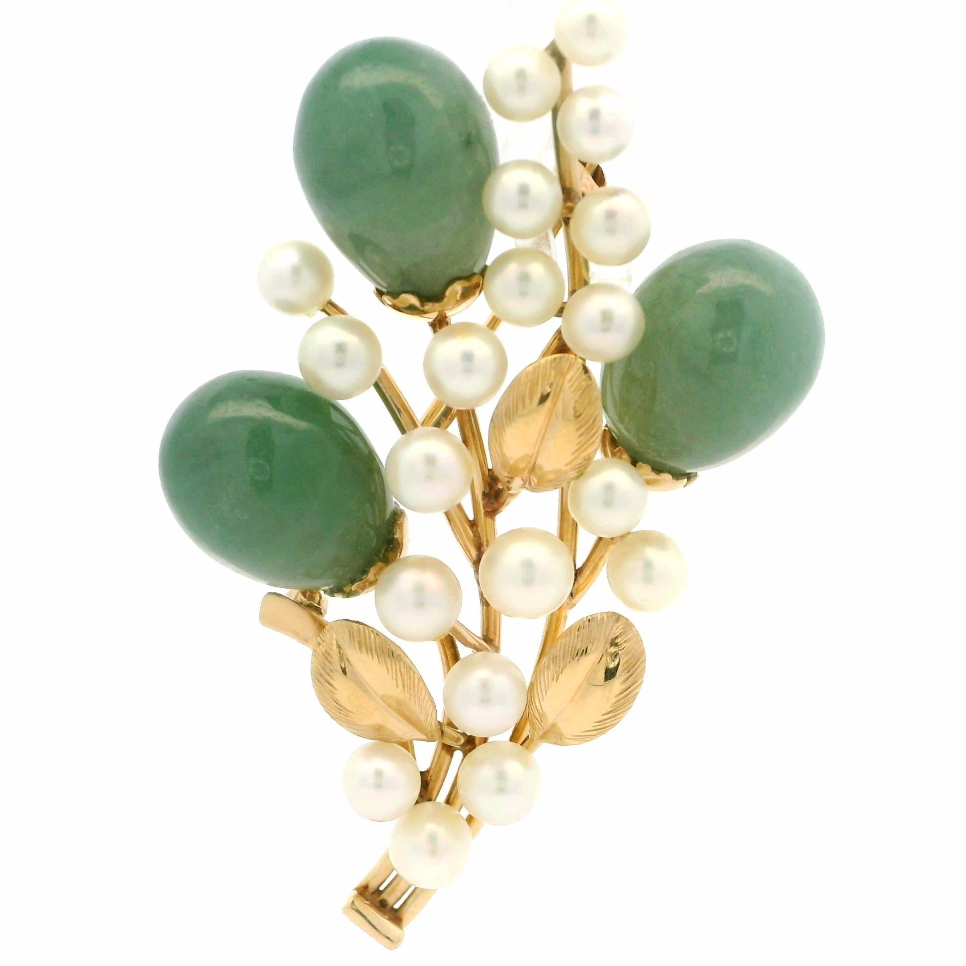 Ming's 14K Yellow Gold Jade Cultured Pearl Branch Flower Pin Brooch For Sale 3