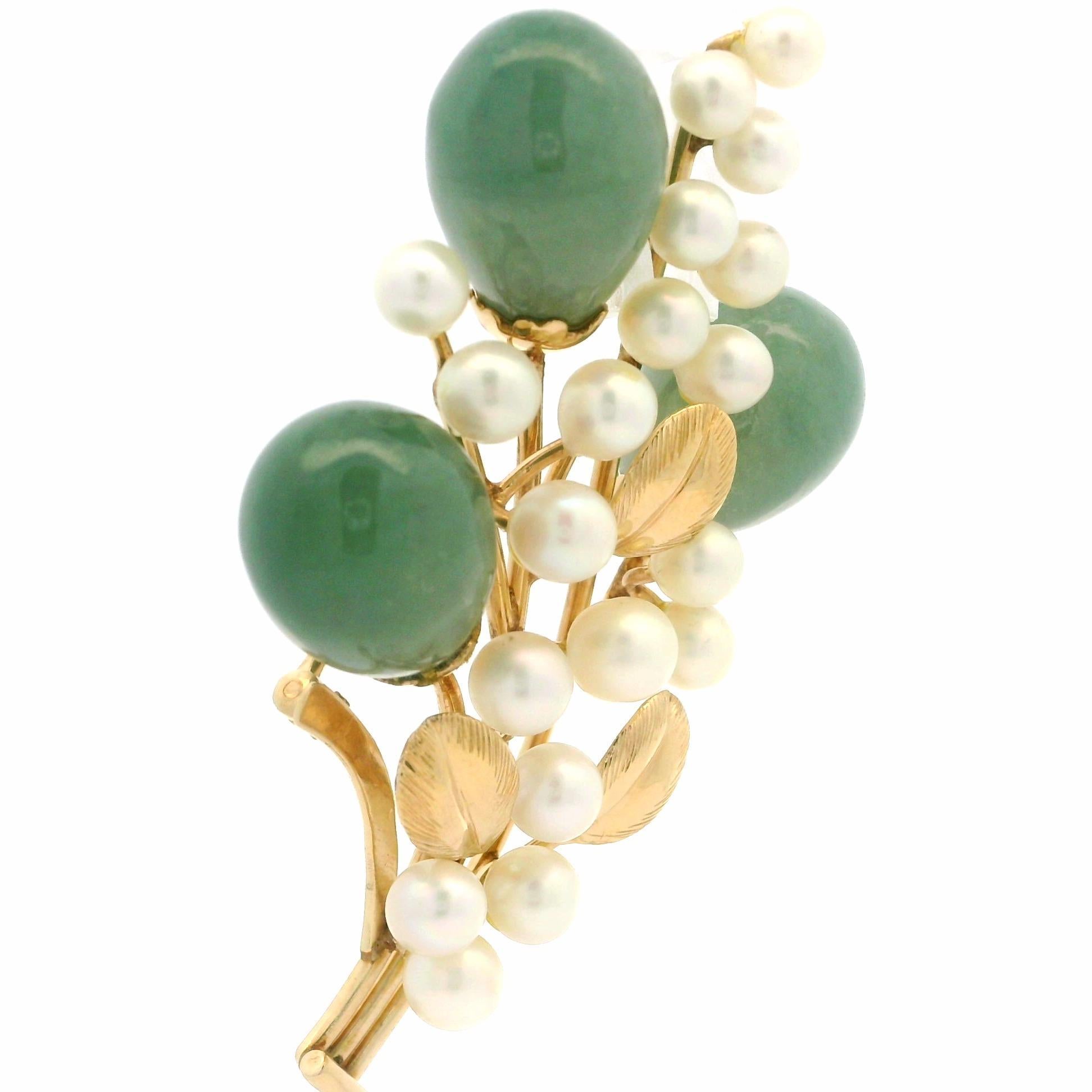 Ming's 14K Yellow Gold Jade Cultured Pearl Branch Flower Pin Brooch For Sale 4