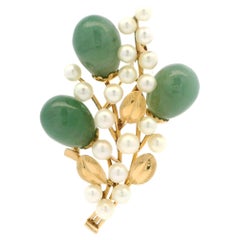 Ming's 14K Yellow Gold Jade Cultured Pearl Branch Flower Pin Brooch