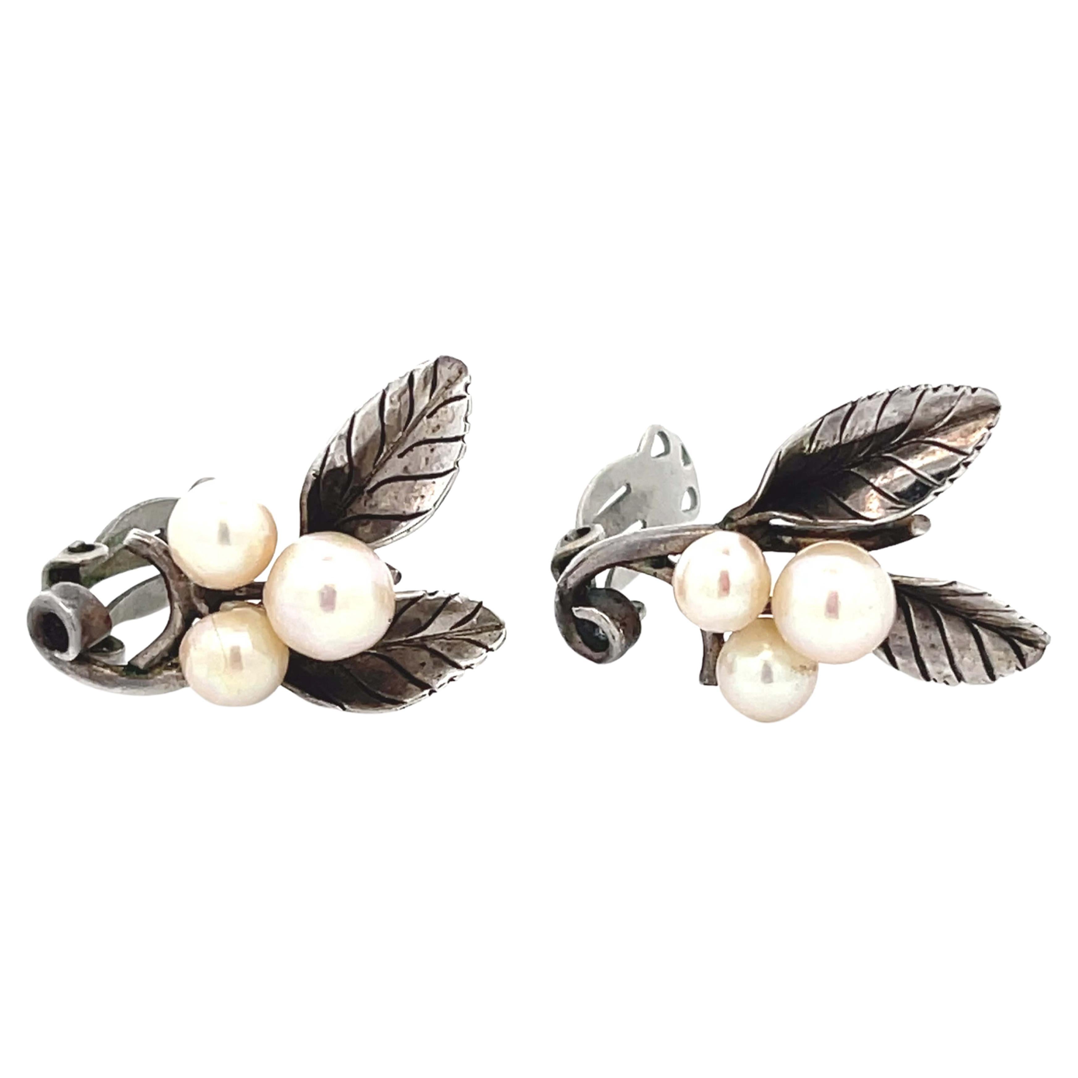 Mings 3 Pearl and Leaf Clip on Earrings in Sterling Silver