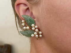 Mings Akoya Pearl and Green Jade Leaf Clip on Earrings 14K Yellow Gold