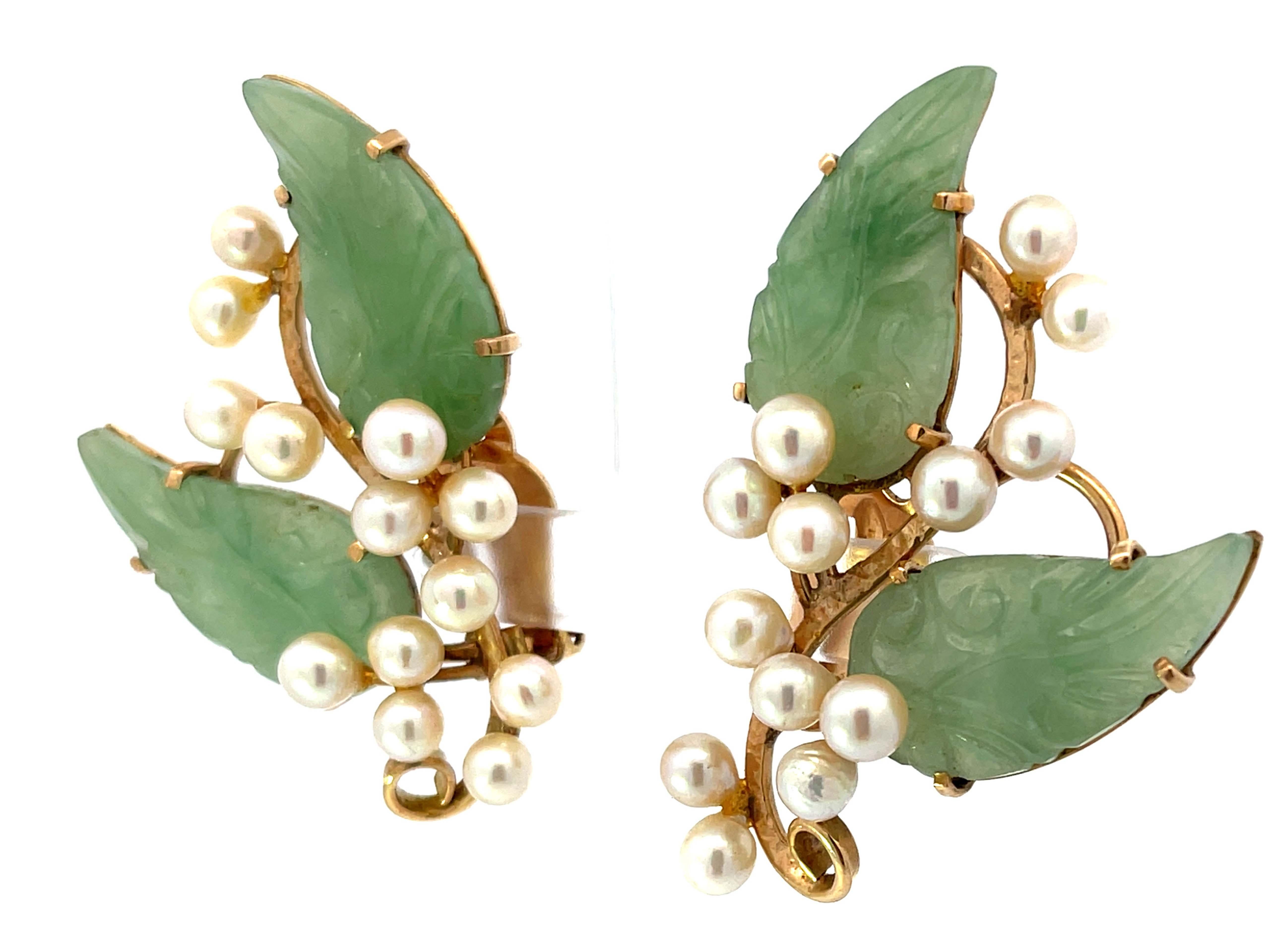 Rough Cut Mings Akoya Pearl and Green Jade Leaf Clip on Earrings 14K Yellow Gold For Sale