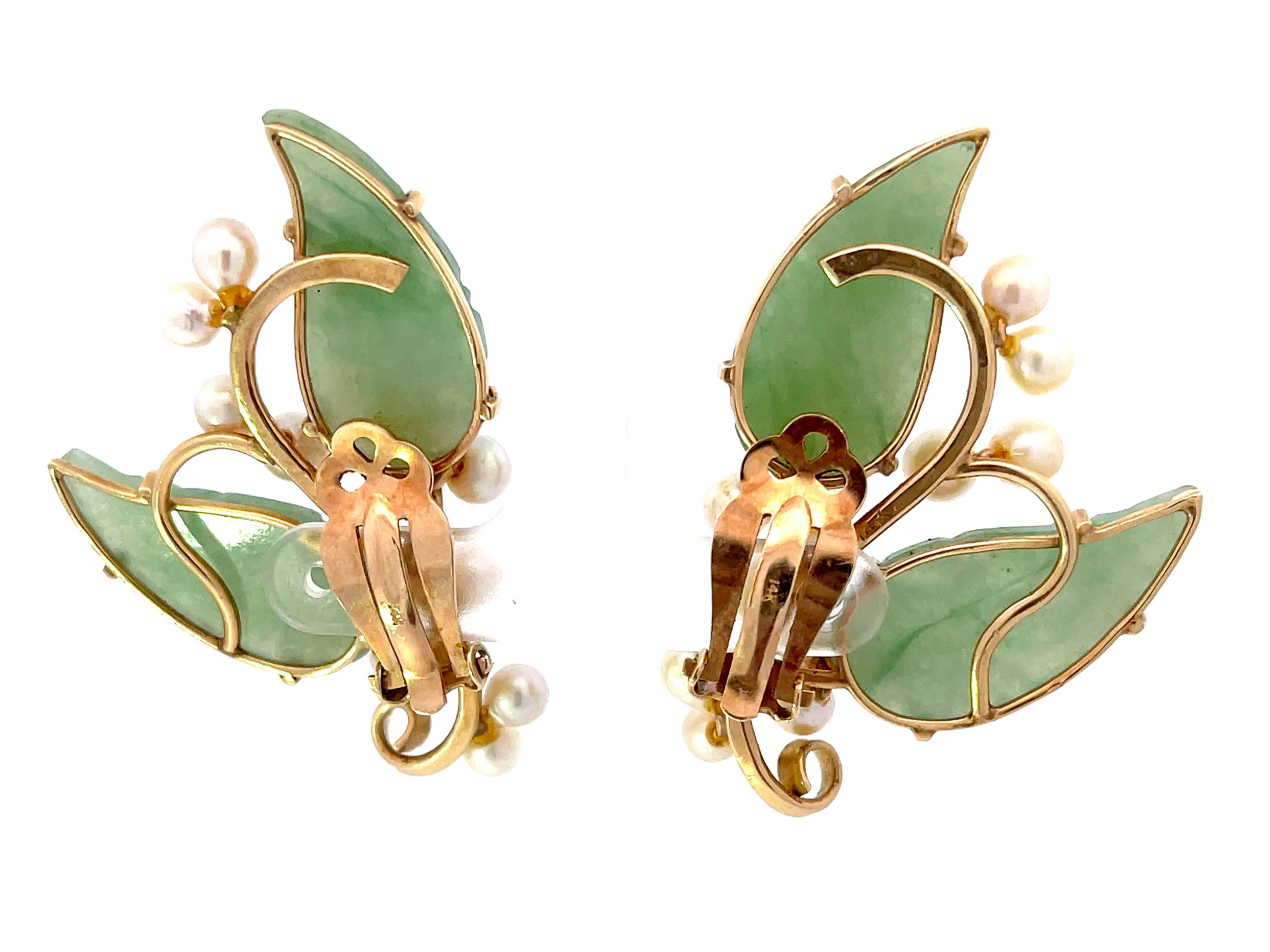 Mings Akoya Pearl and Green Jade Leaf Clip on Earrings 14K Yellow Gold For Sale 1