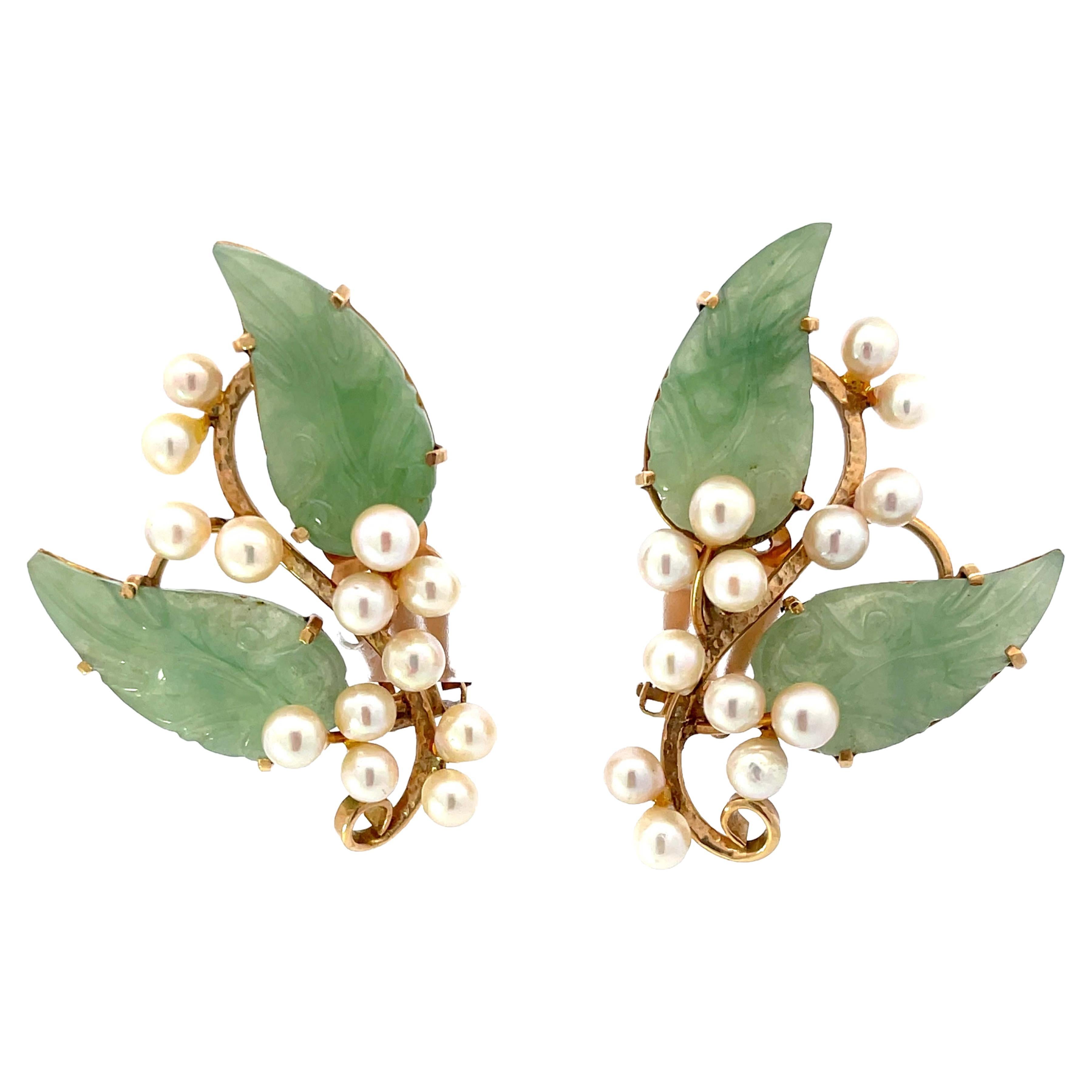 Mings Akoya Pearl and Green Jade Leaf Clip on Earrings 14K Yellow Gold