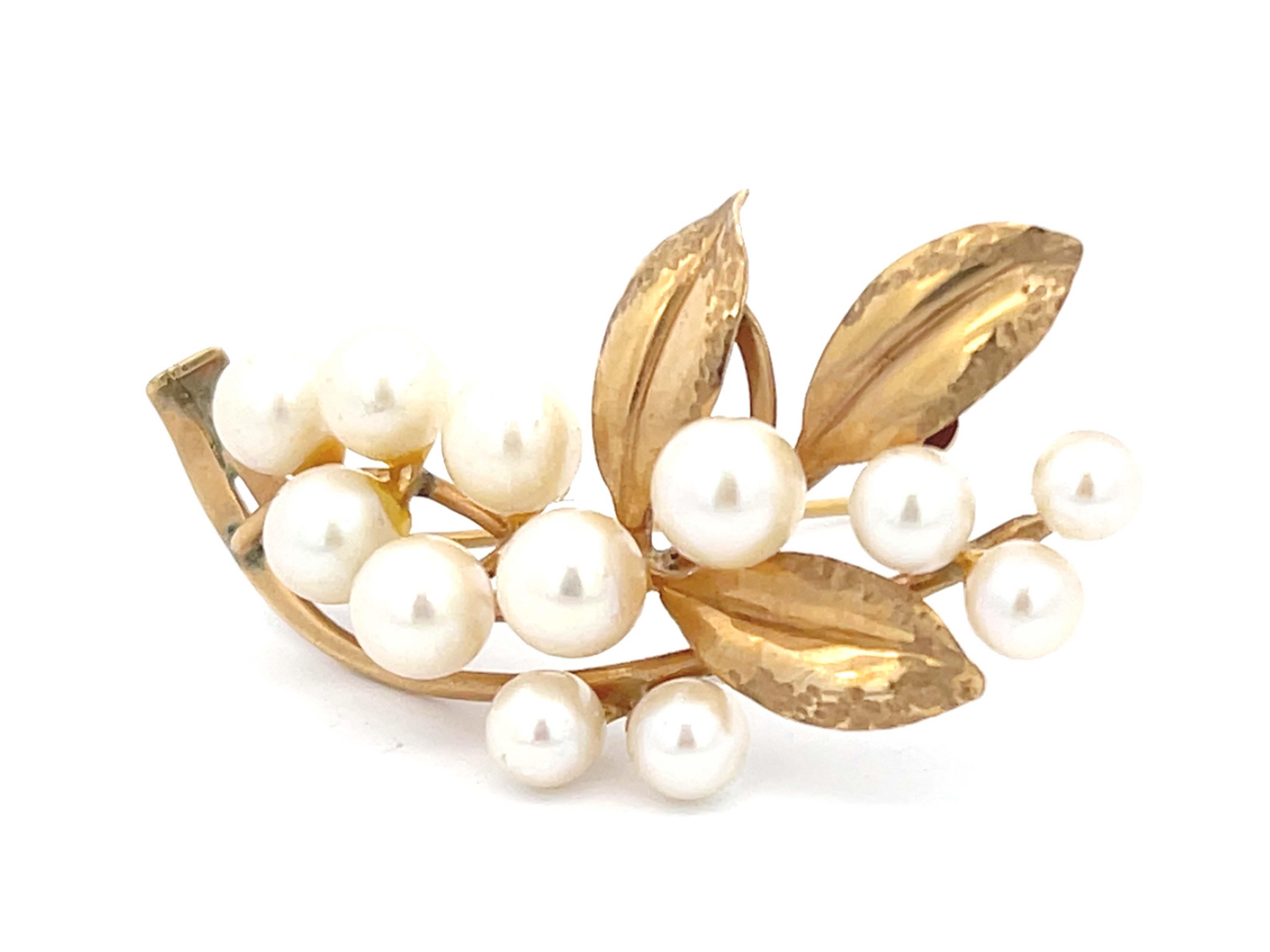 Modern Mings Akoya Pearl and Leaf Branch Brooch in 14k Yellow Gold For Sale