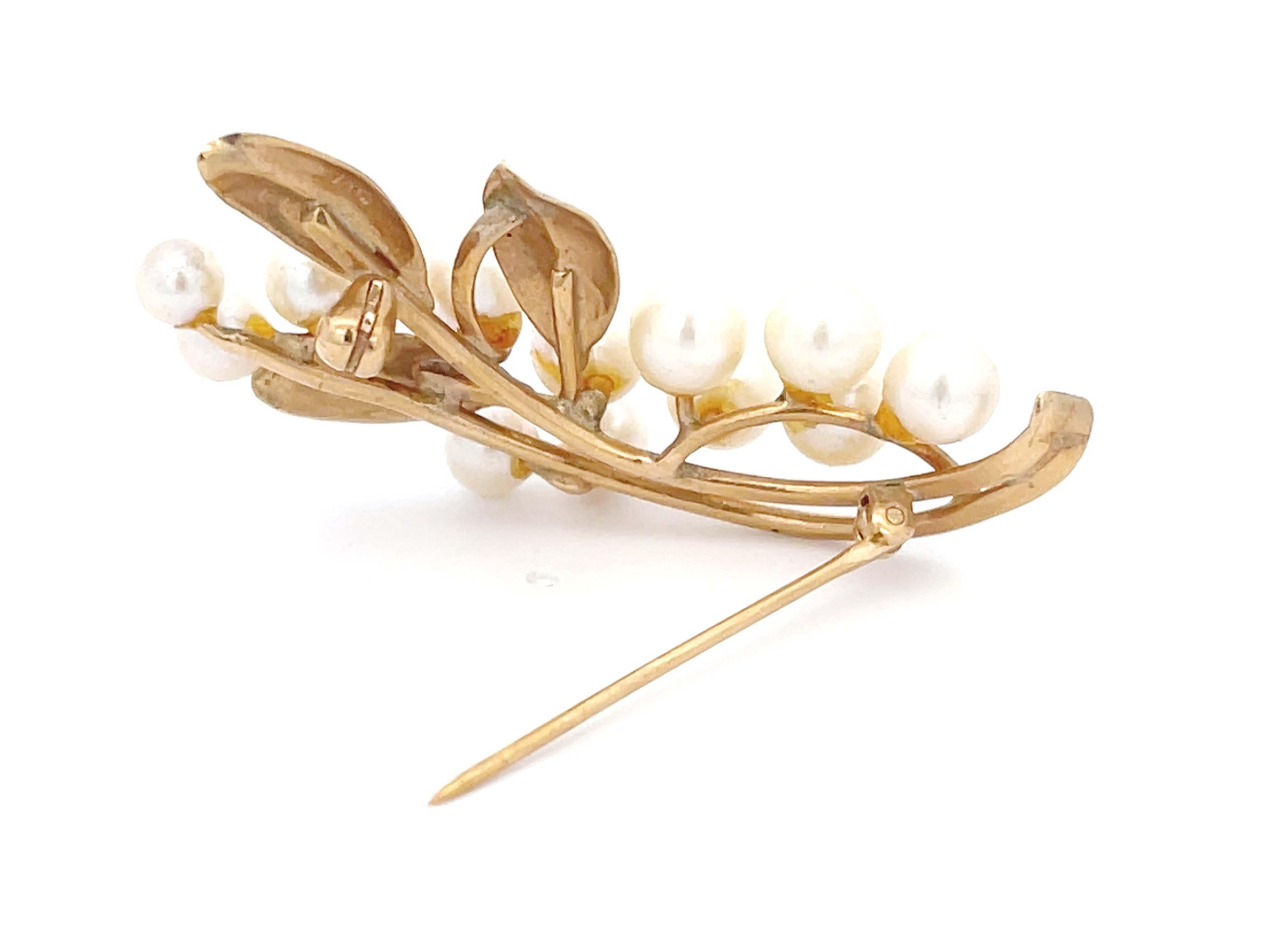 Women's Mings Akoya Pearl and Leaf Branch Brooch in 14k Yellow Gold For Sale