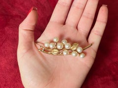 Mings Akoya Pearl Leaf Branch Brooch in 14k Yellow Gold