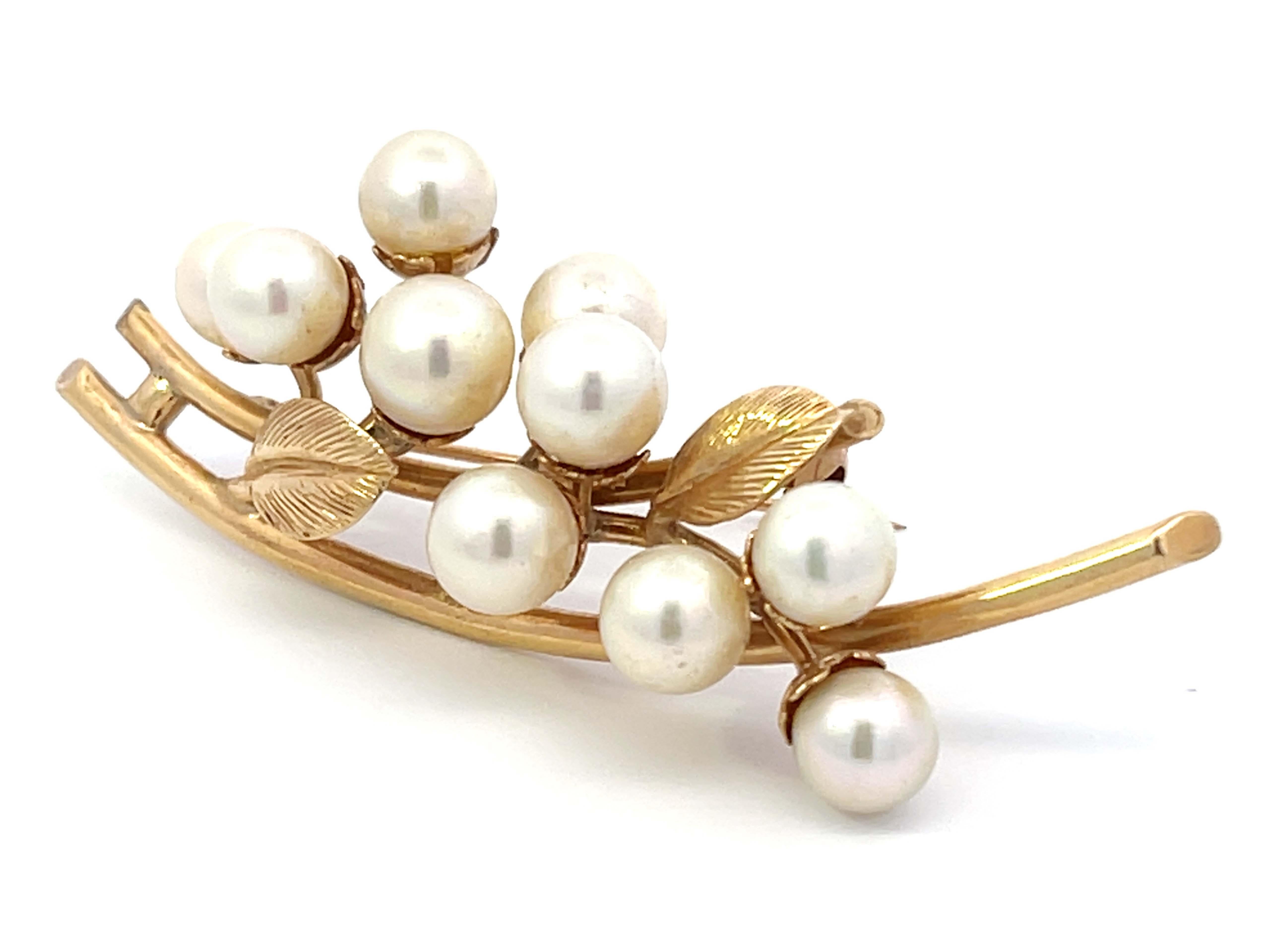 Round Cut Mings Akoya Pearl Leaf Branch Brooch in 14k Yellow Gold For Sale