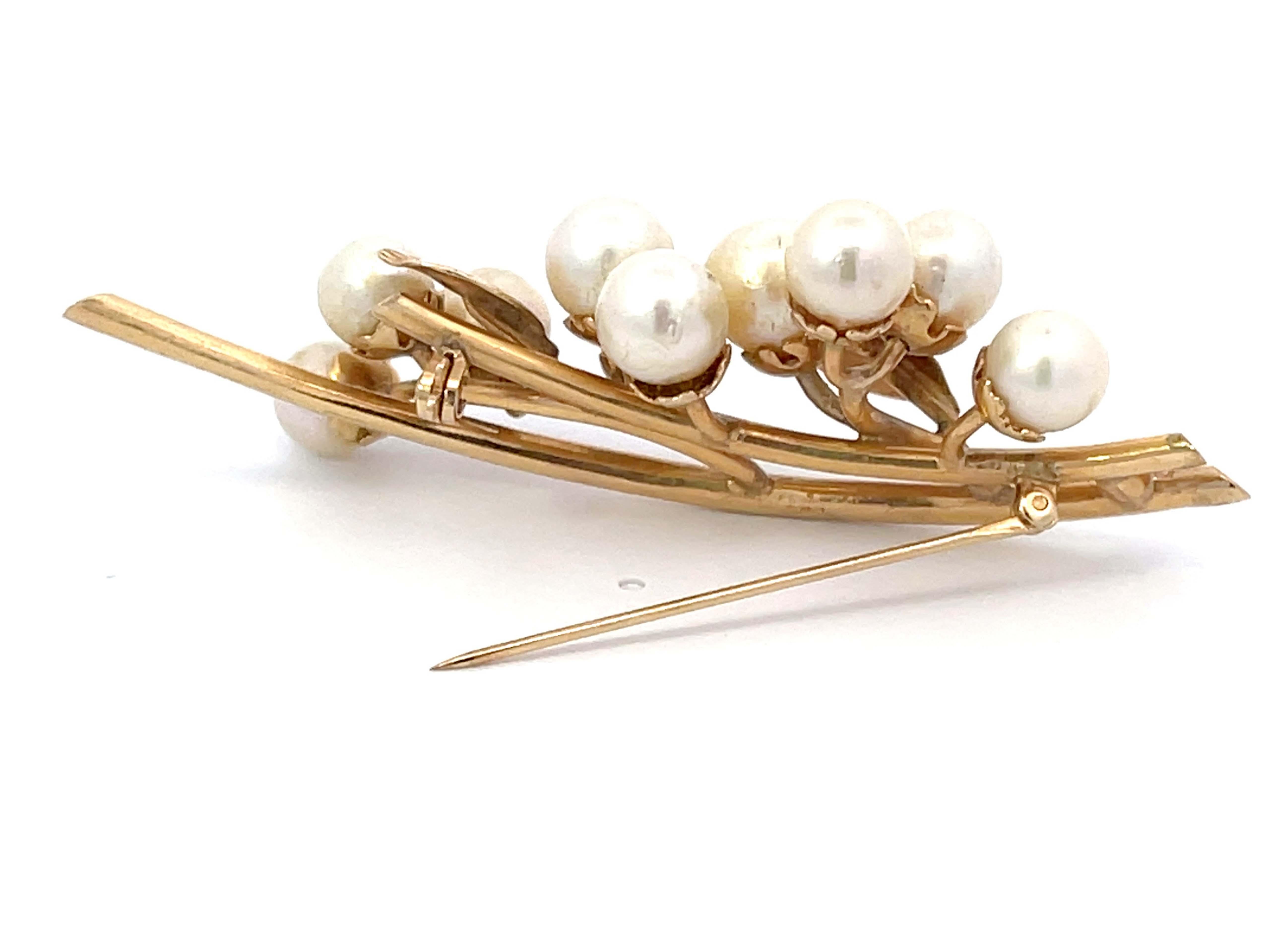 Mings Akoya Pearl Leaf Branch Brooch in 14k Yellow Gold For Sale 2