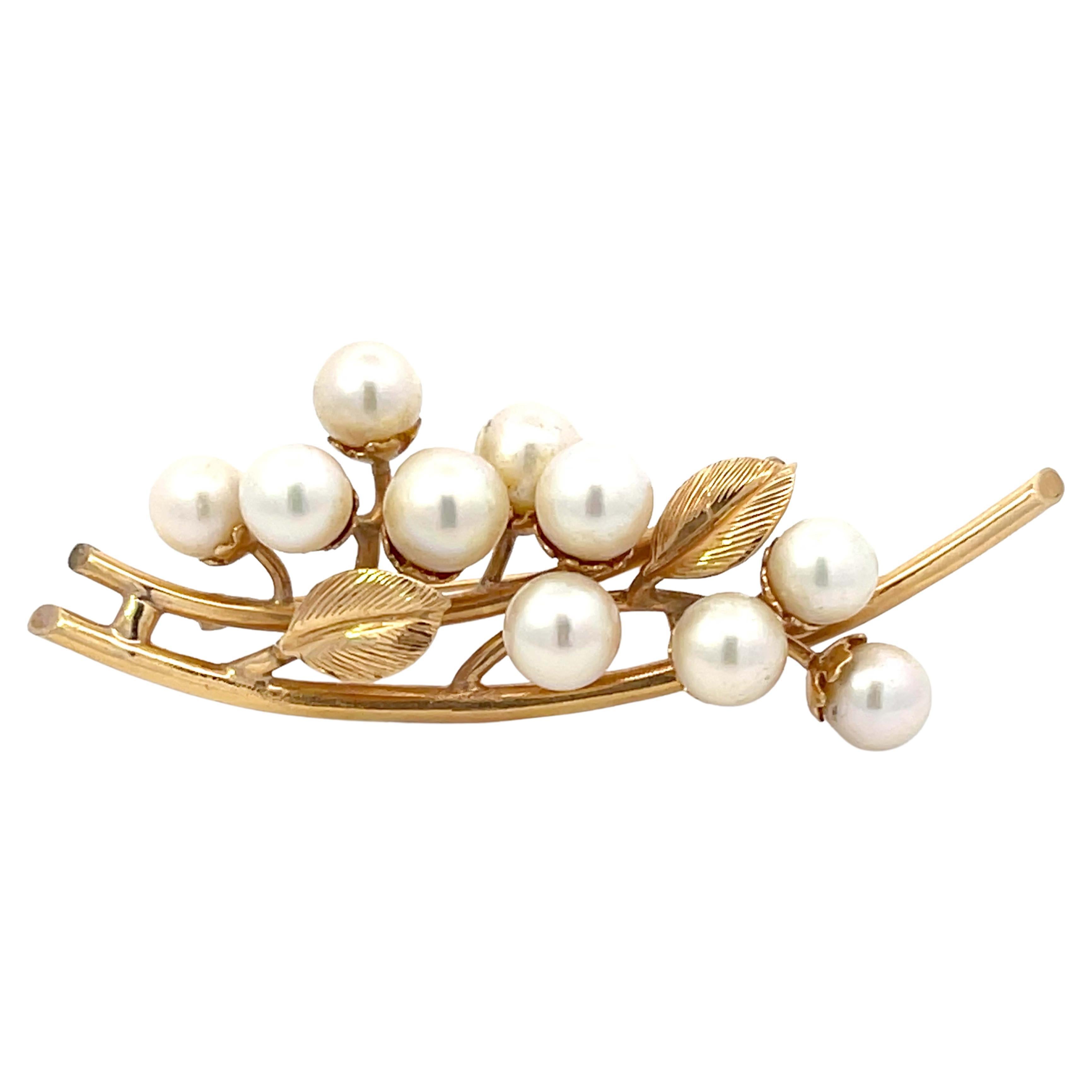 Mings Akoya Pearl Leaf Branch Brooch in 14k Yellow Gold For Sale