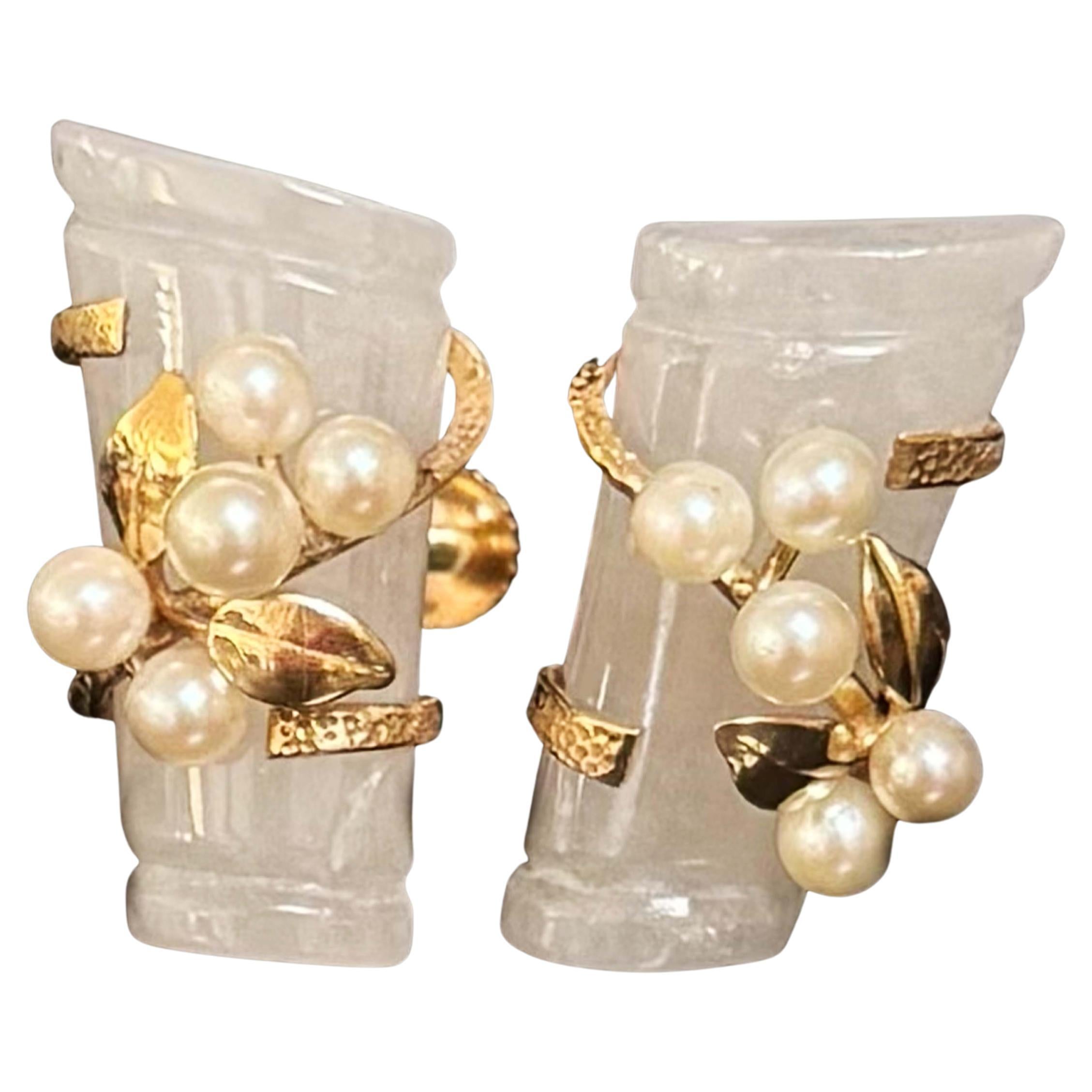 Mings Bamboo Jade Earrings Wrapped with Pearls and Leaves 14K Gold