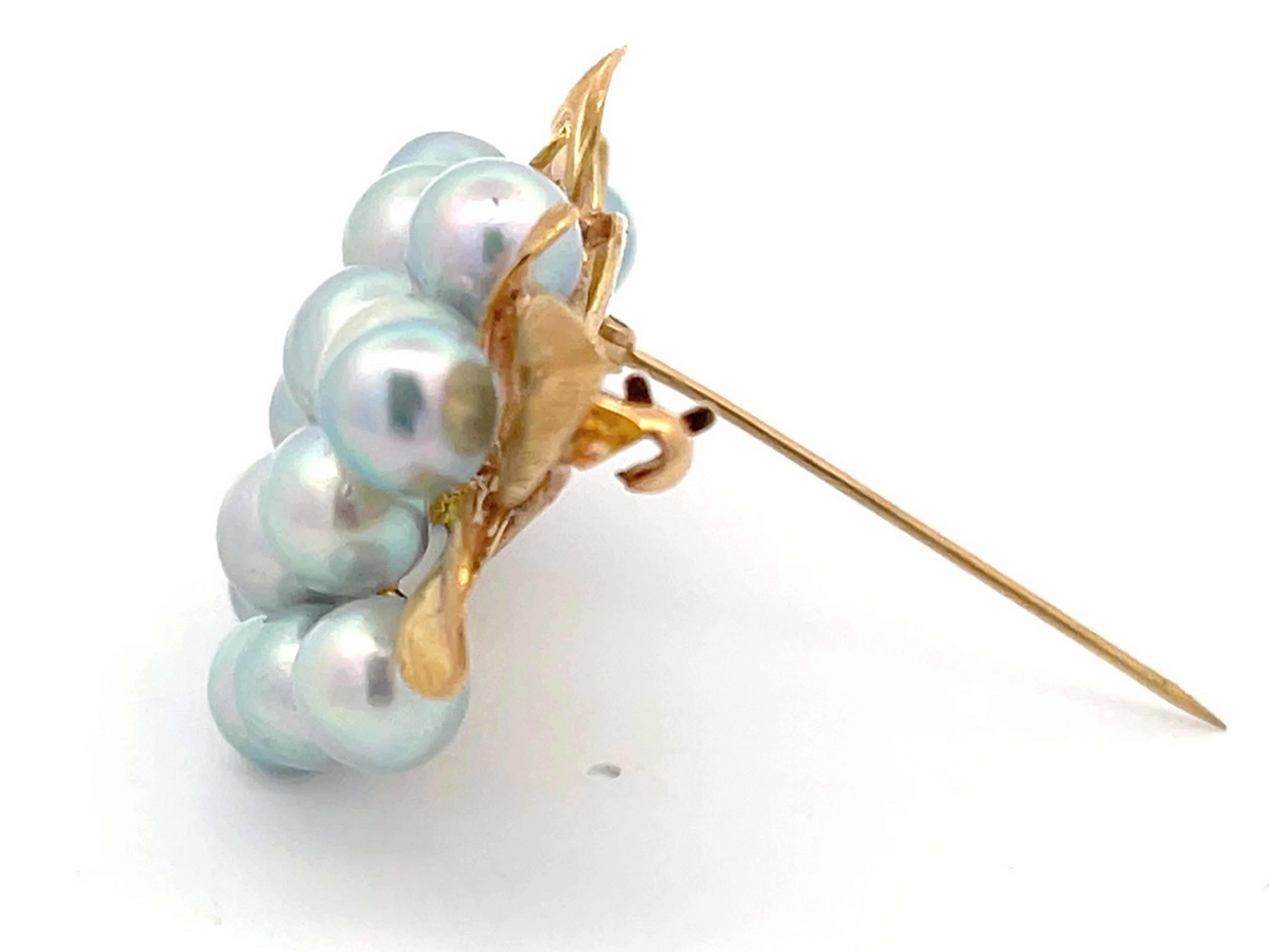 Round Cut Mings Baroque Pearl and Leaf Brooch in 14k Yellow Gold For Sale
