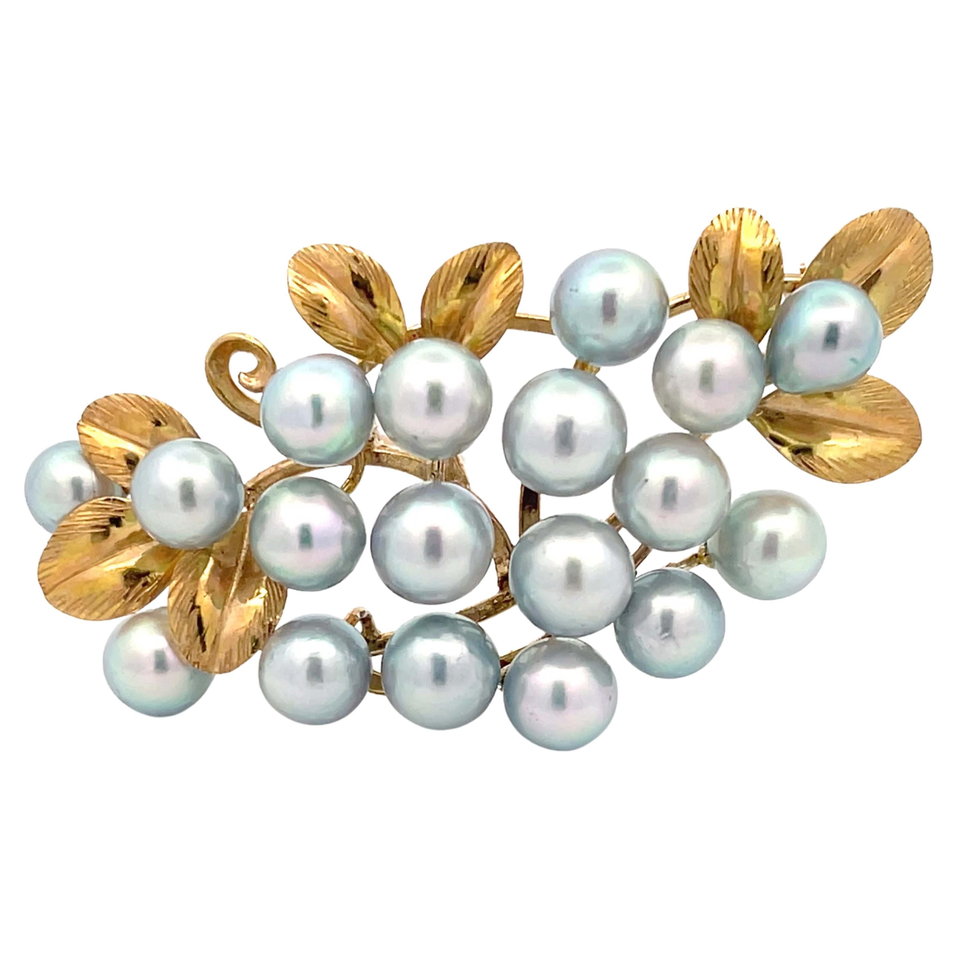 Mings Baroque Pearl and Leaf Brooch in 14k Yellow Gold