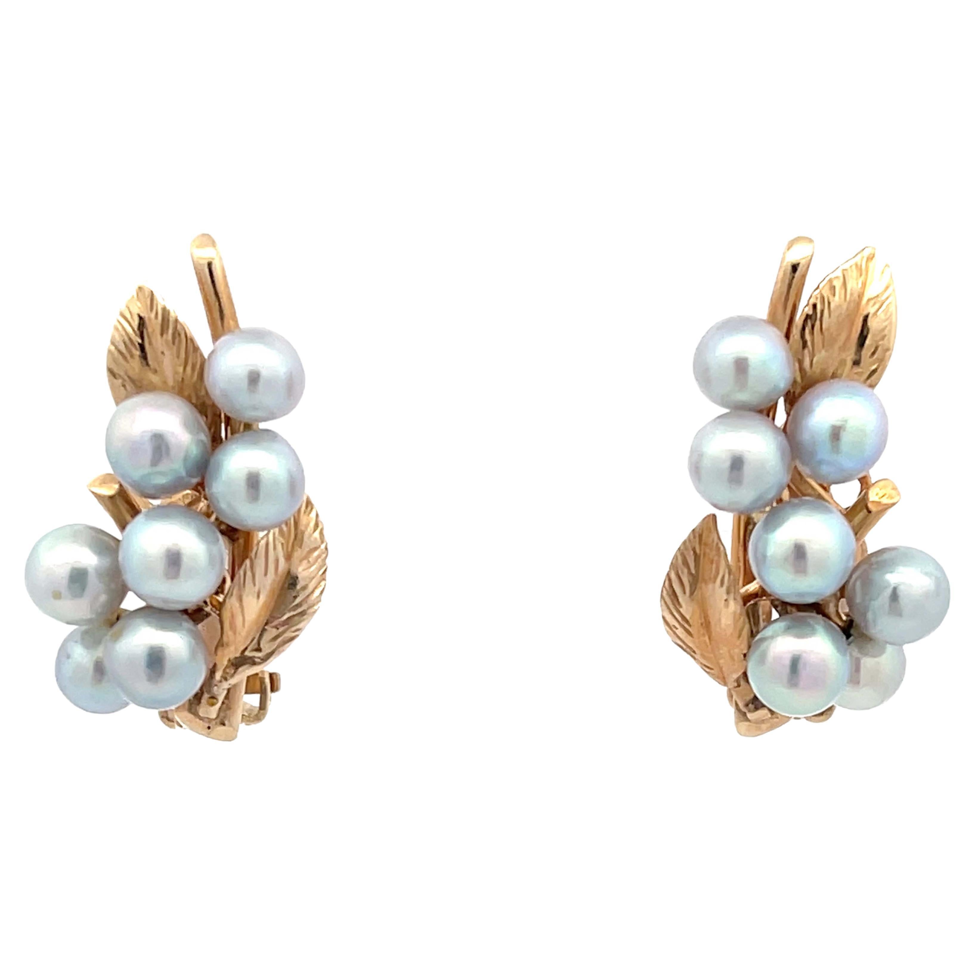 Mings Baroque Pearl and Leaf Clip on Earrings in 14k Yellow Gold For Sale