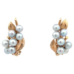 Retro Mings Baroque Pearl and Leaf Clip on Earrings in 14k Yellow Gold