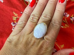 Mings Bird and Flower Carved Lavender Jade Ring in 14k Yellow Gold