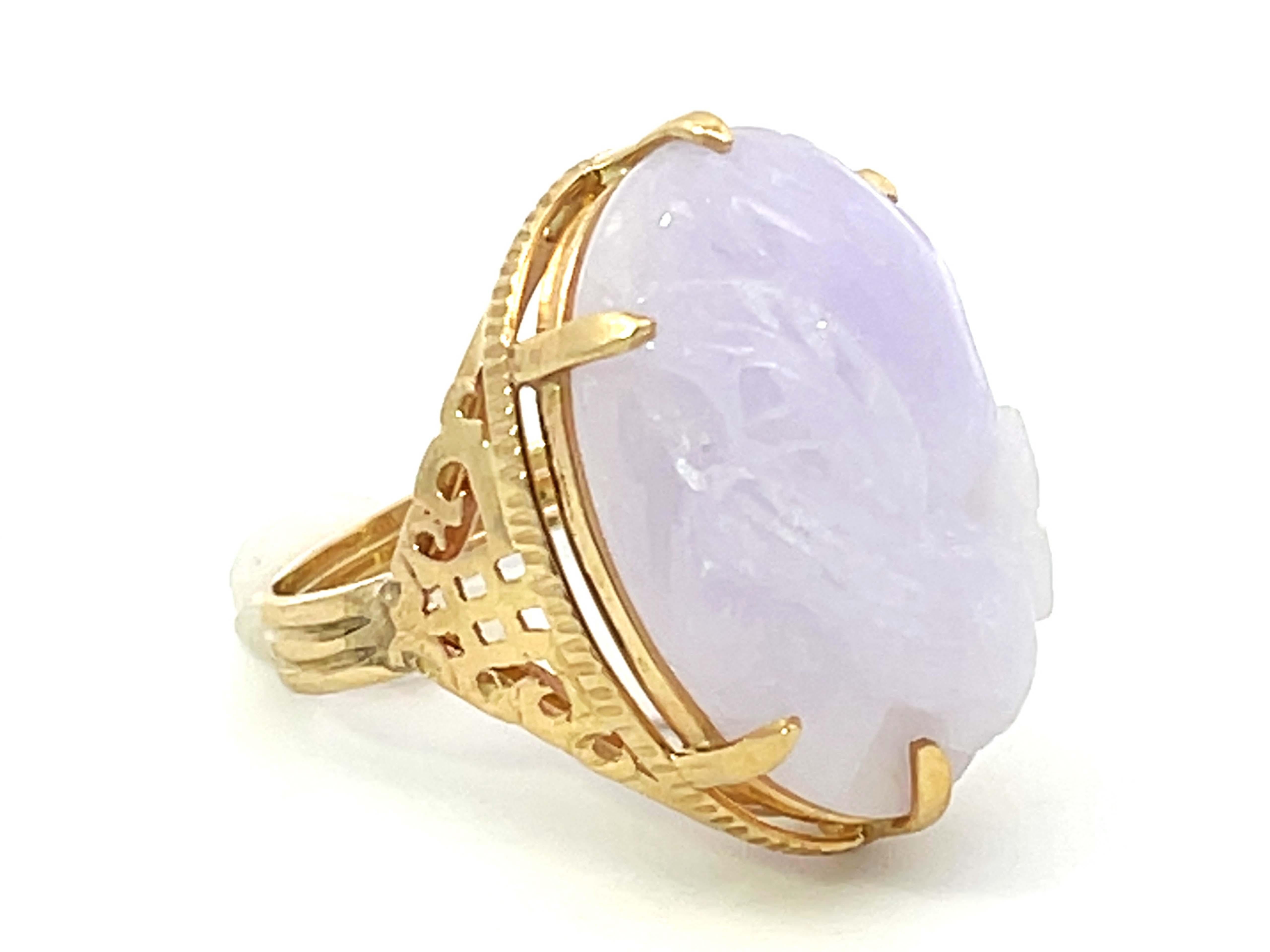 Modern Mings Bird and Flower Carved Lavender Jade Ring in 14k Yellow Gold For Sale
