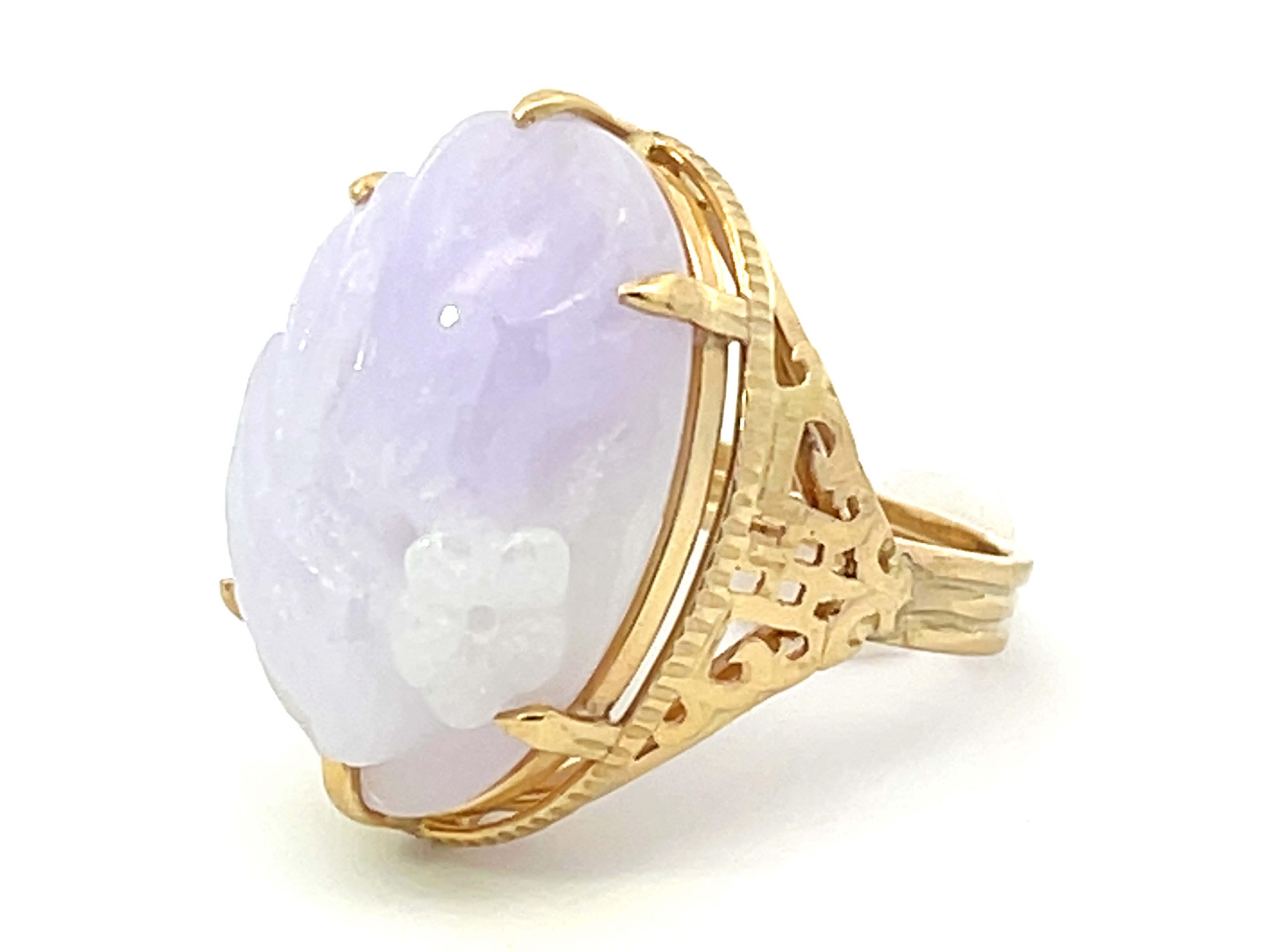 Cabochon Mings Bird and Flower Carved Lavender Jade Ring in 14k Yellow Gold For Sale
