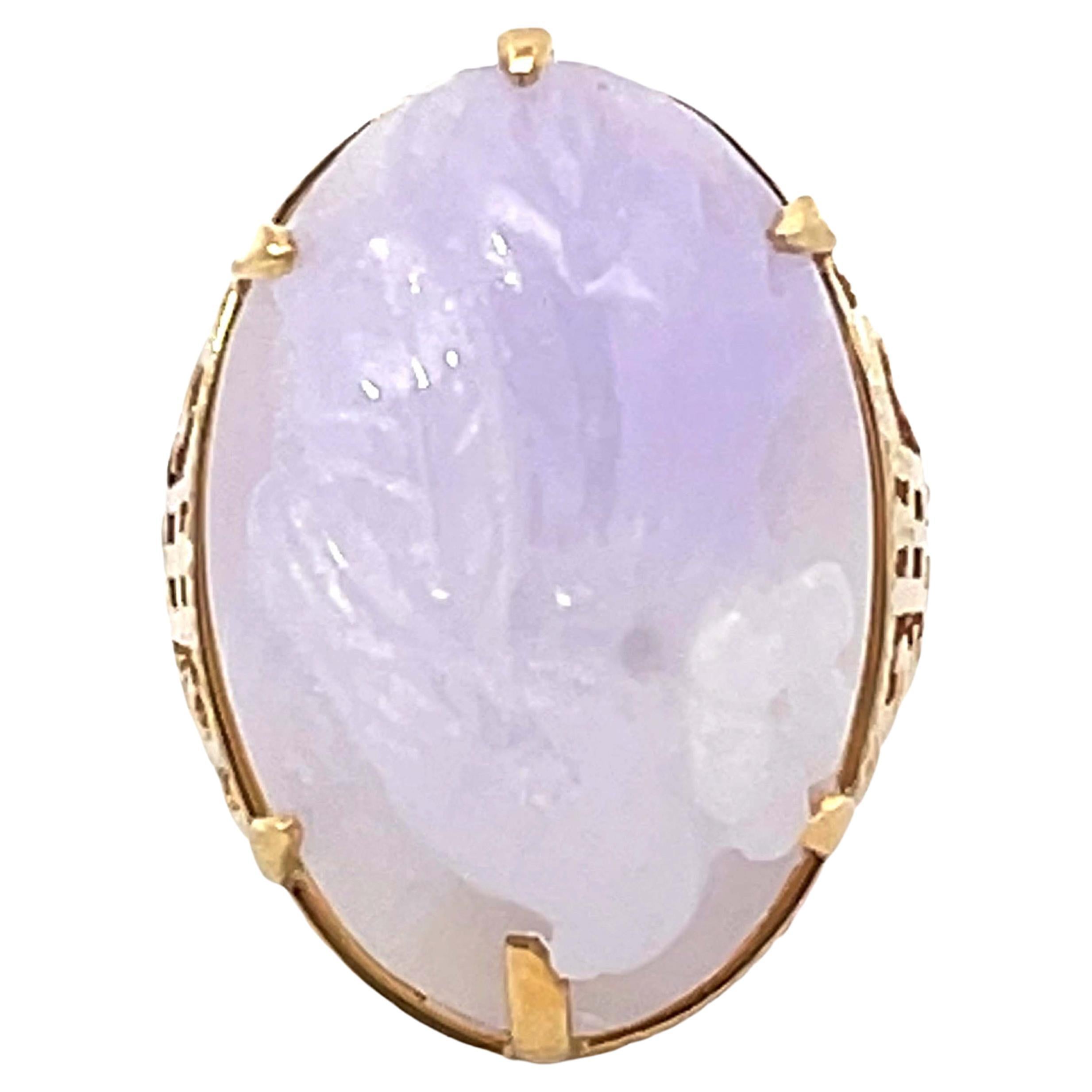 Mings Bird and Flower Carved Lavender Jade Ring in 14k Yellow Gold For Sale