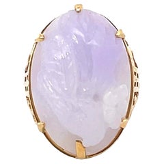 Retro Mings Bird and Flower Carved Lavender Jade Ring in 14k Yellow Gold