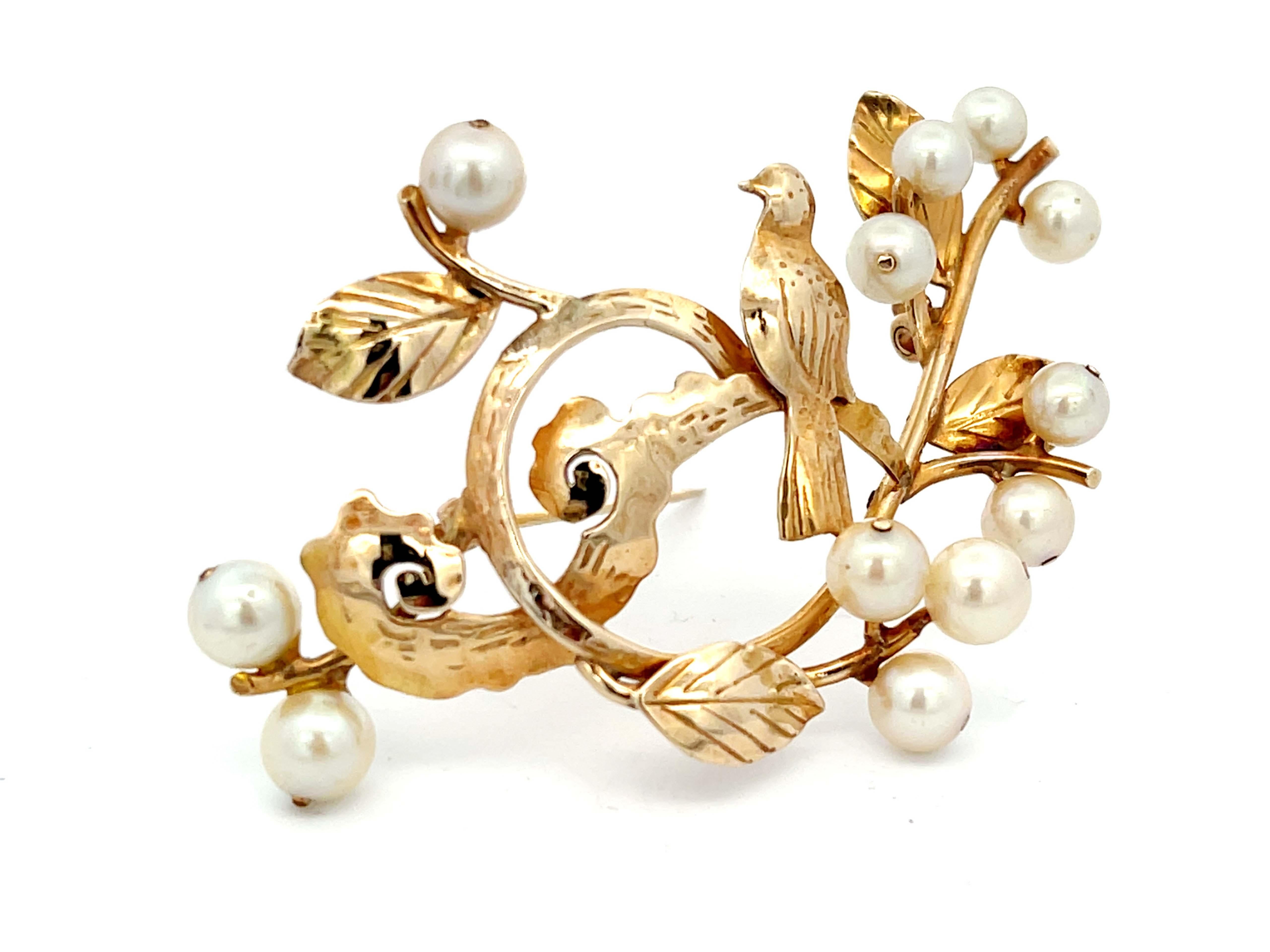 Modern Mings Bird on a Blossom Large Brooch with Pearls in 14k Yellow Gold For Sale