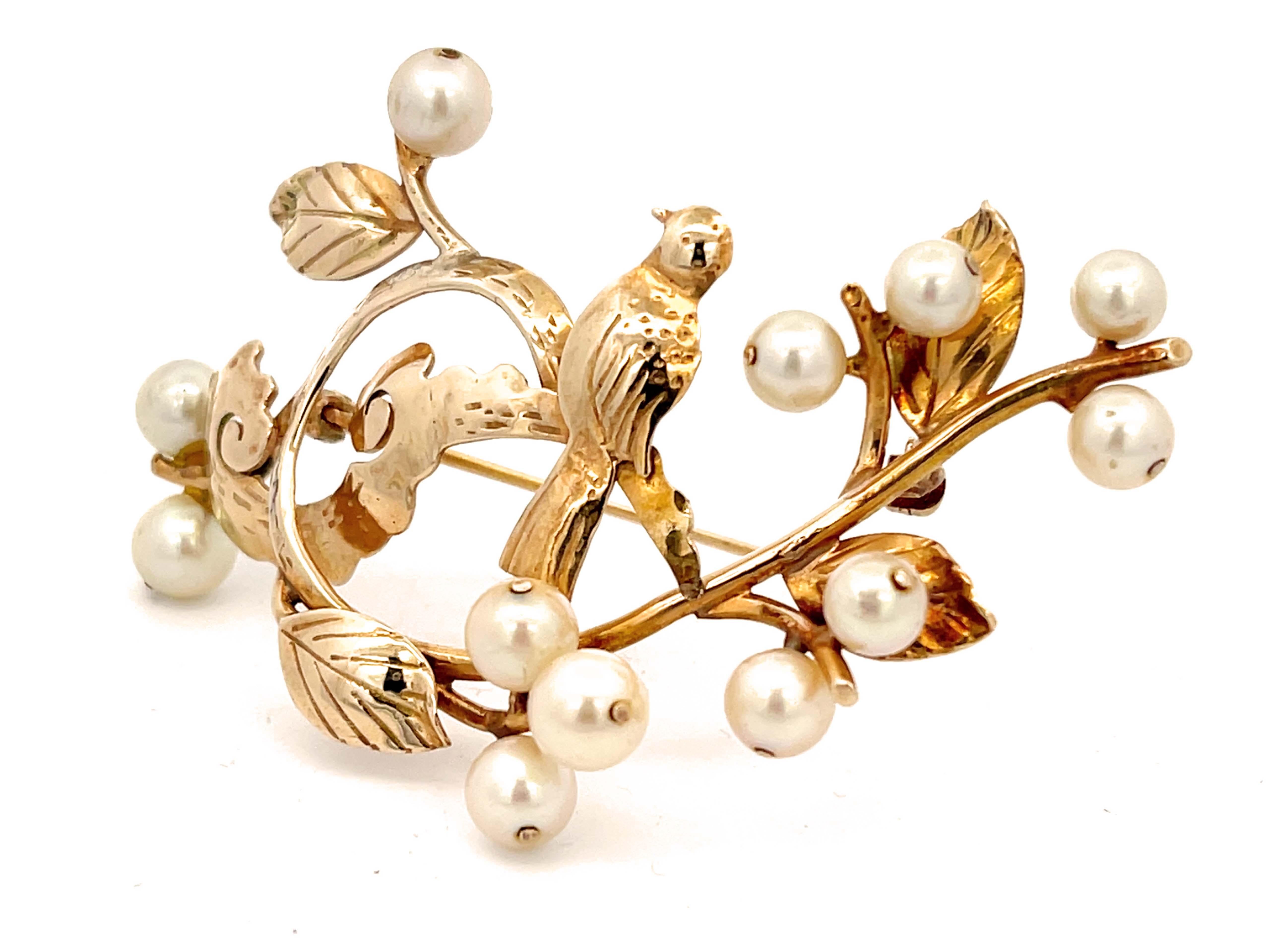 Round Cut Mings Bird on a Blossom Large Brooch with Pearls in 14k Yellow Gold For Sale