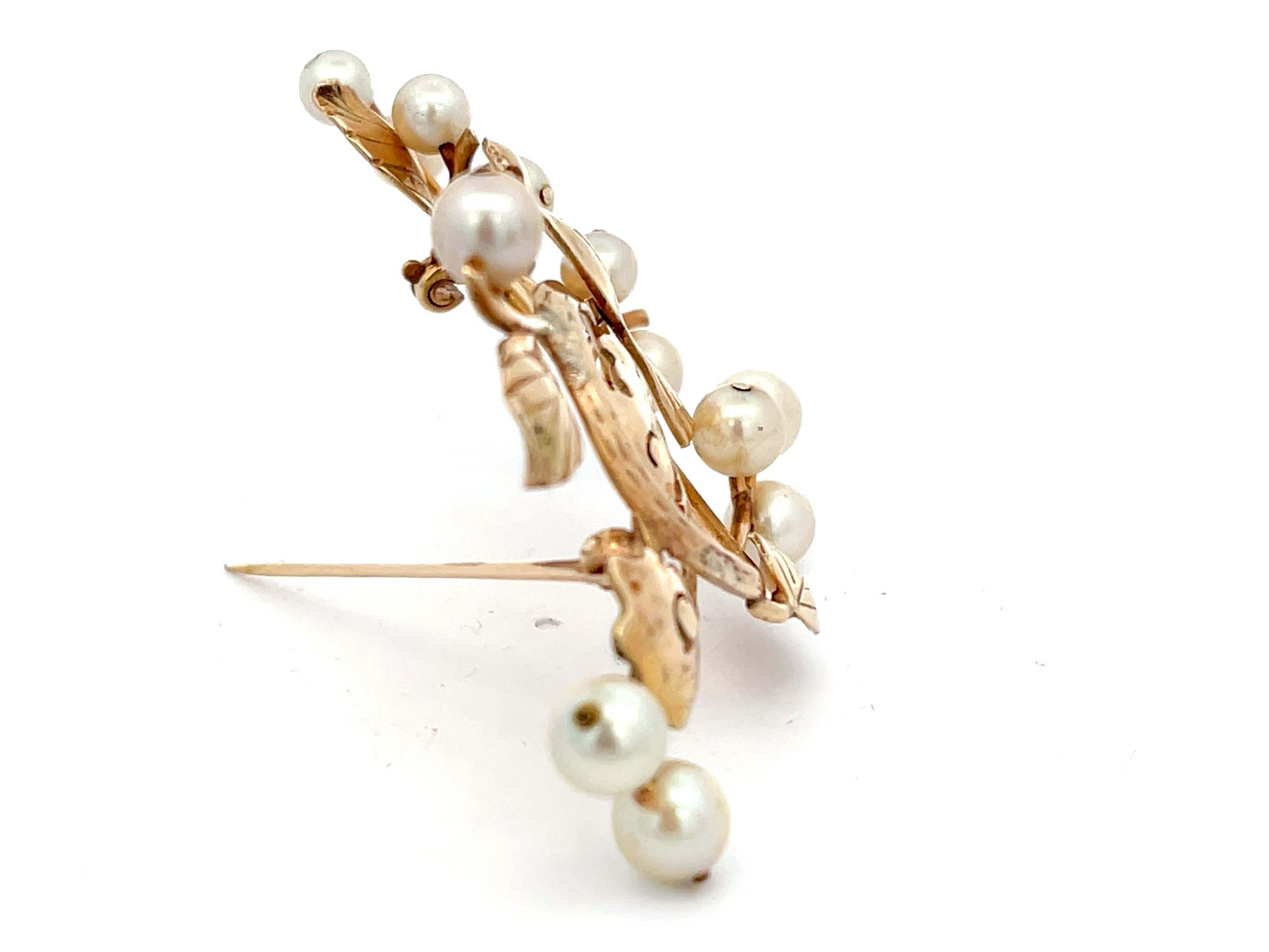 Mings Bird on a Blossom Large Brooch with Pearls in 14k Yellow Gold In Excellent Condition For Sale In Honolulu, HI