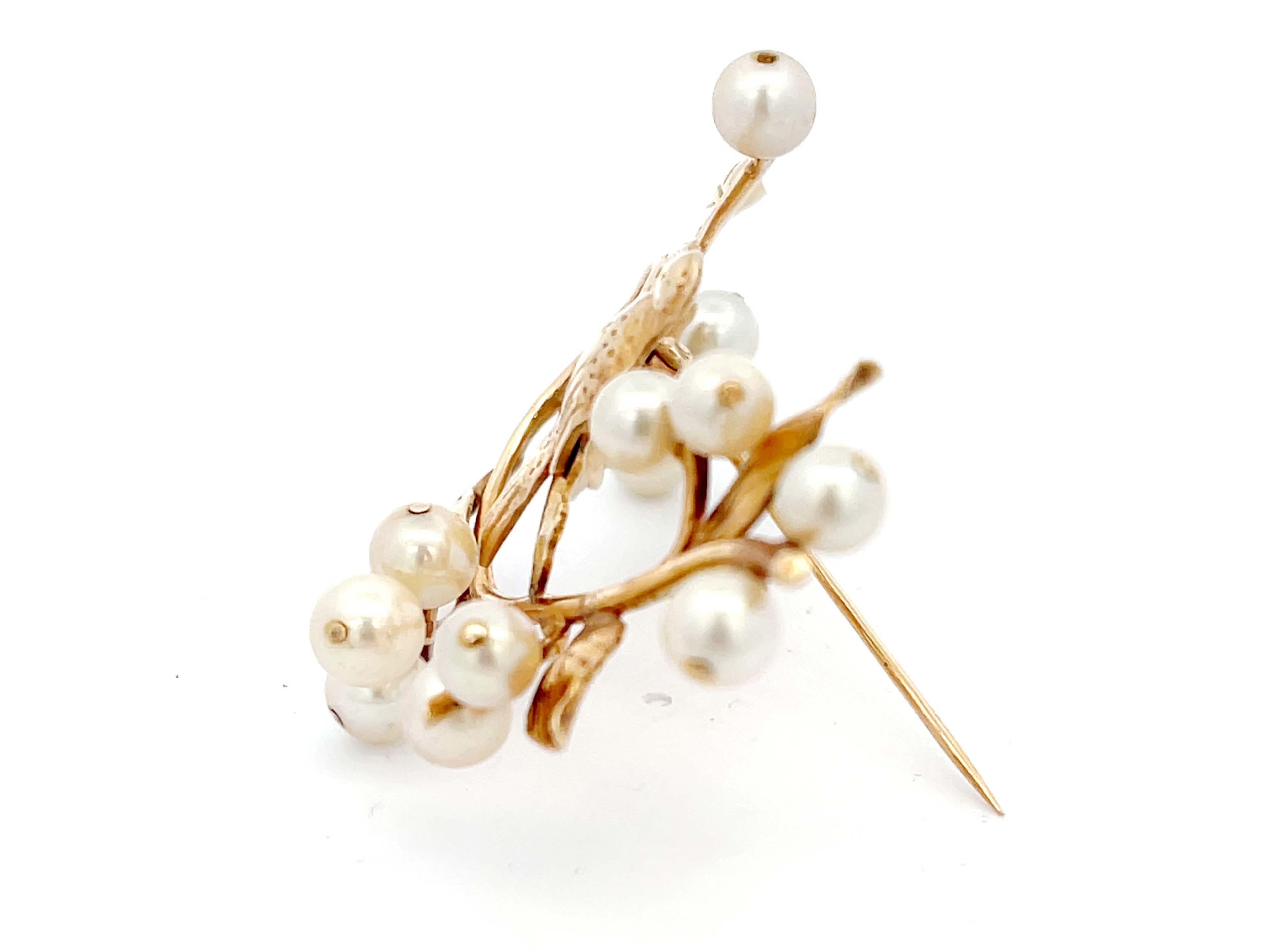 Women's Mings Bird on a Blossom Large Brooch with Pearls in 14k Yellow Gold For Sale