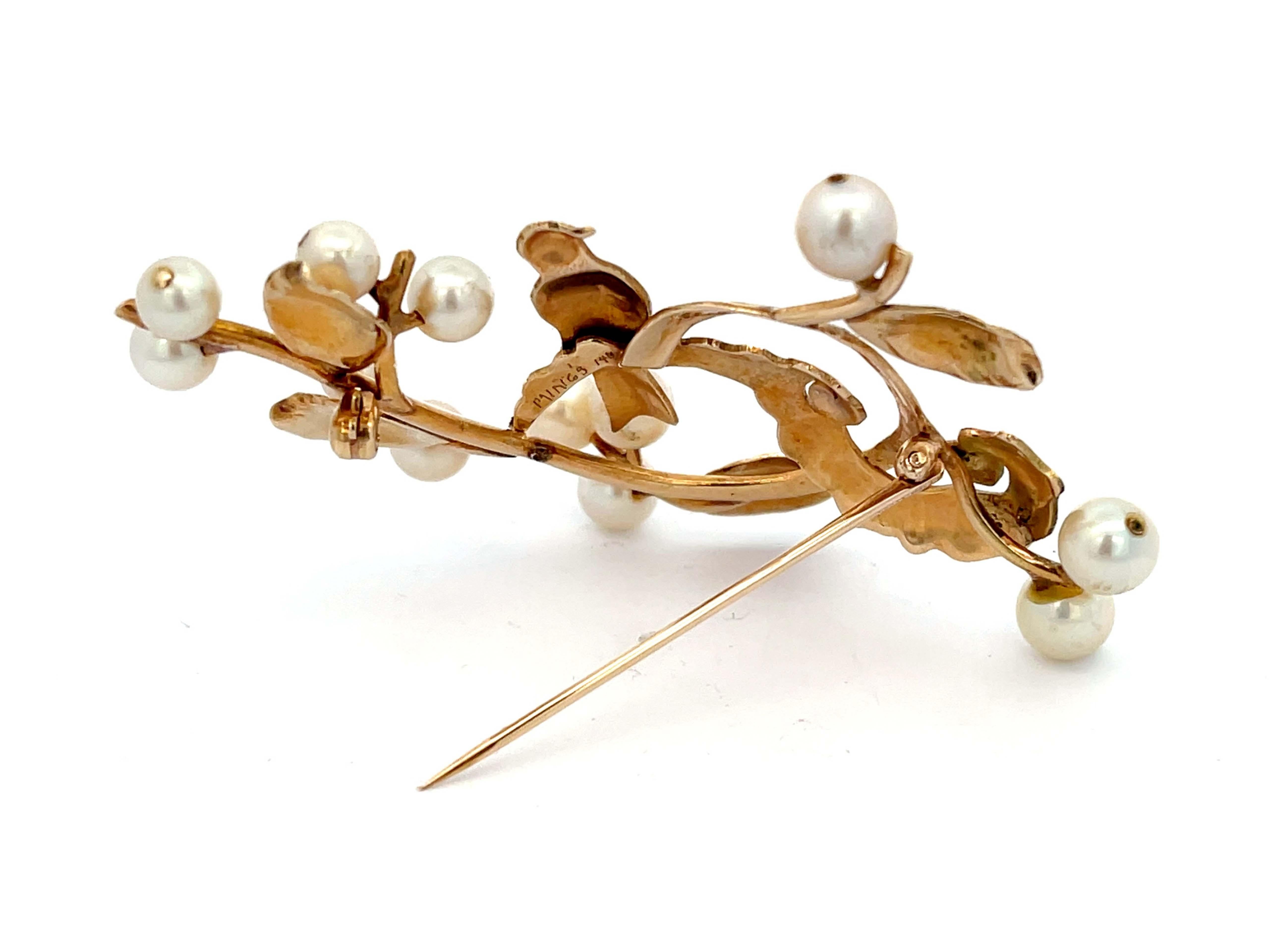 Mings Bird on a Blossom Large Brooch with Pearls in 14k Yellow Gold For Sale 1