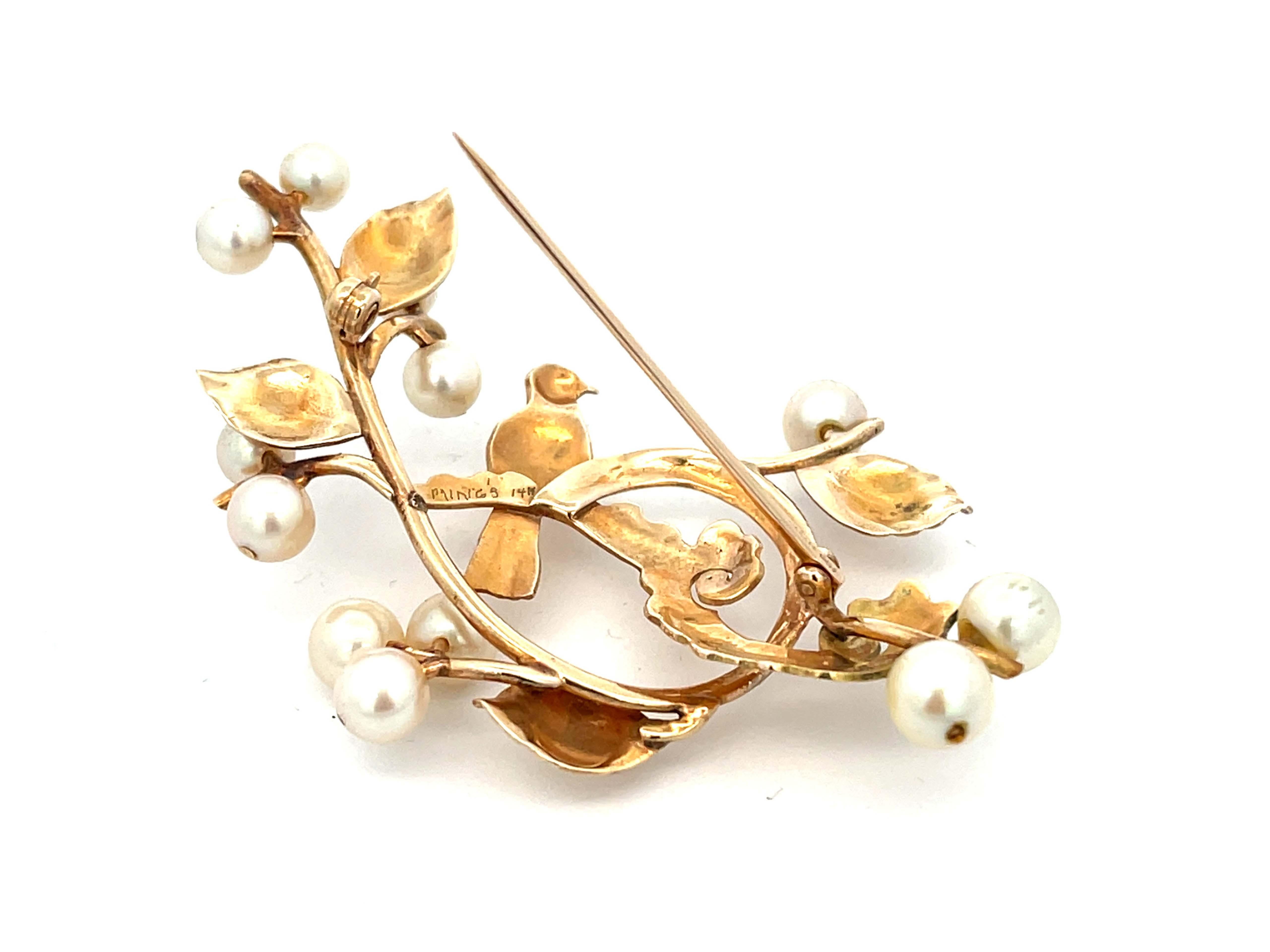 Mings Bird on a Blossom Large Brooch with Pearls in 14k Yellow Gold For Sale 2