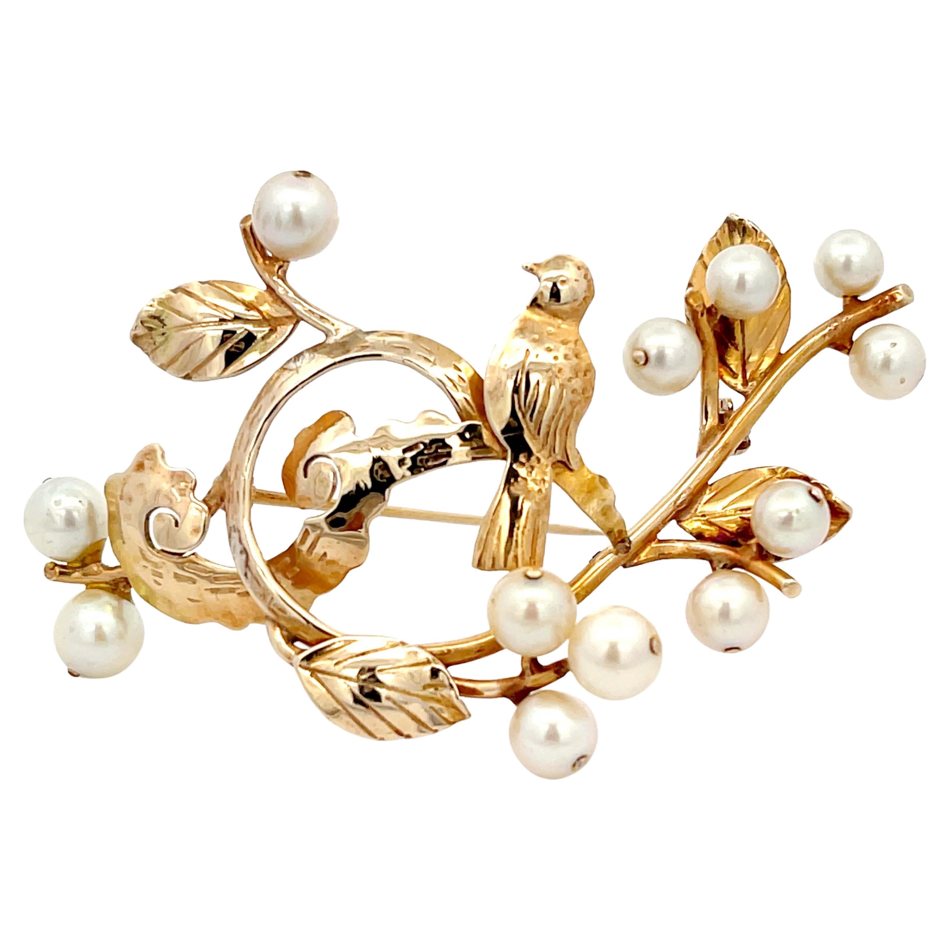 Mings Bird on a Blossom Large Brooch with Pearls in 14k Yellow Gold For Sale