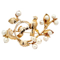 Retro Mings Bird on a Blossom Large Brooch with Pearls in 14k Yellow Gold