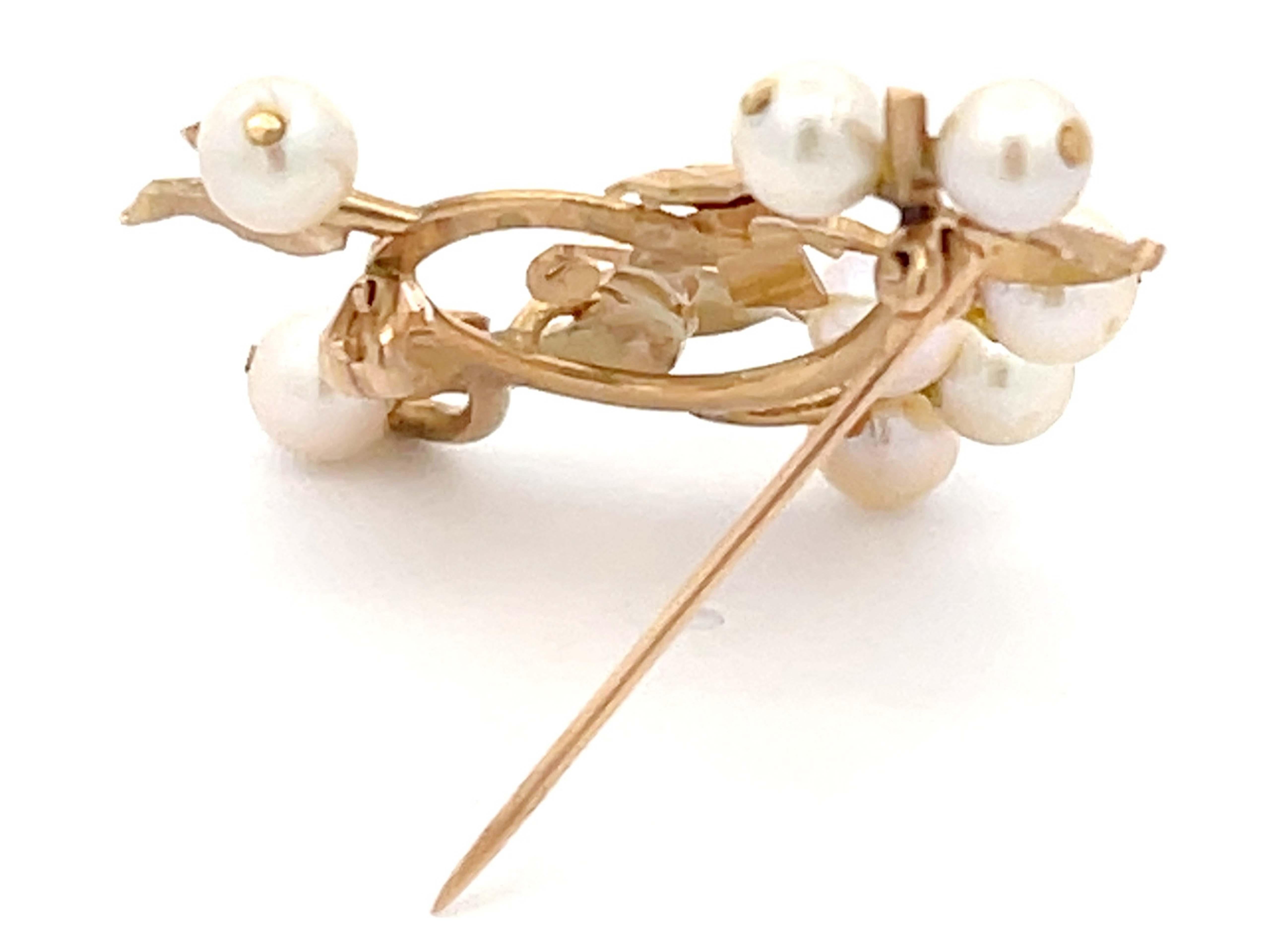 Mings Bird on a Plum Akoya Pearl Brooch in 14k Yellow Gold In Excellent Condition For Sale In Honolulu, HI