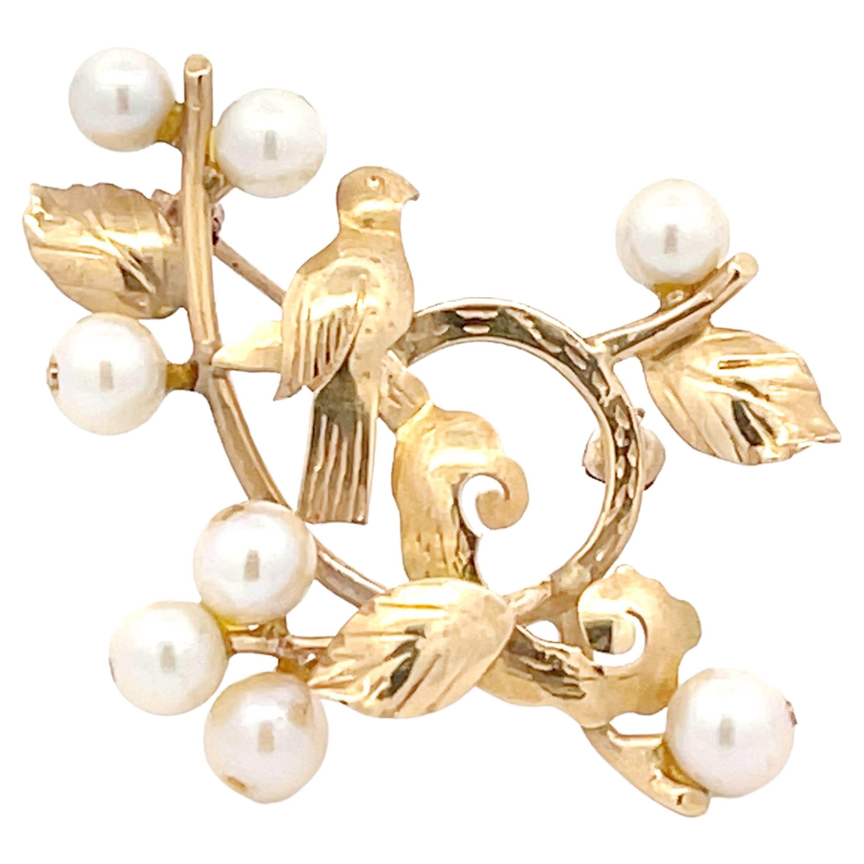 Mings Bird on a Plum Akoya Pearl Brooch in 14k Yellow Gold For Sale
