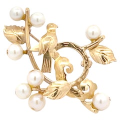 Vintage Mings Bird on a Plum Akoya Pearl Brooch in 14k Yellow Gold