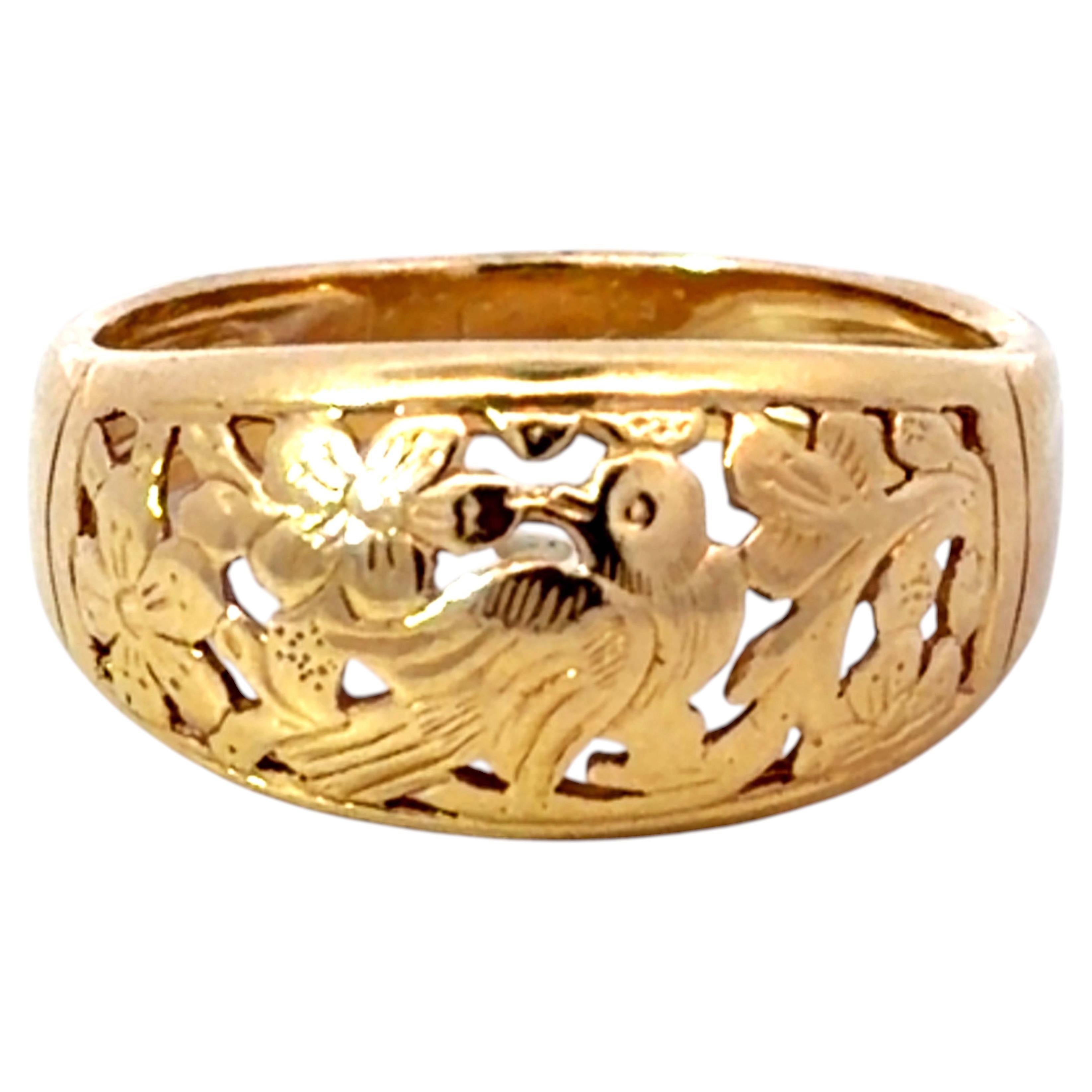 Mings Bird on a Plum Cutout Ring 14k Yellow Gold Size 7